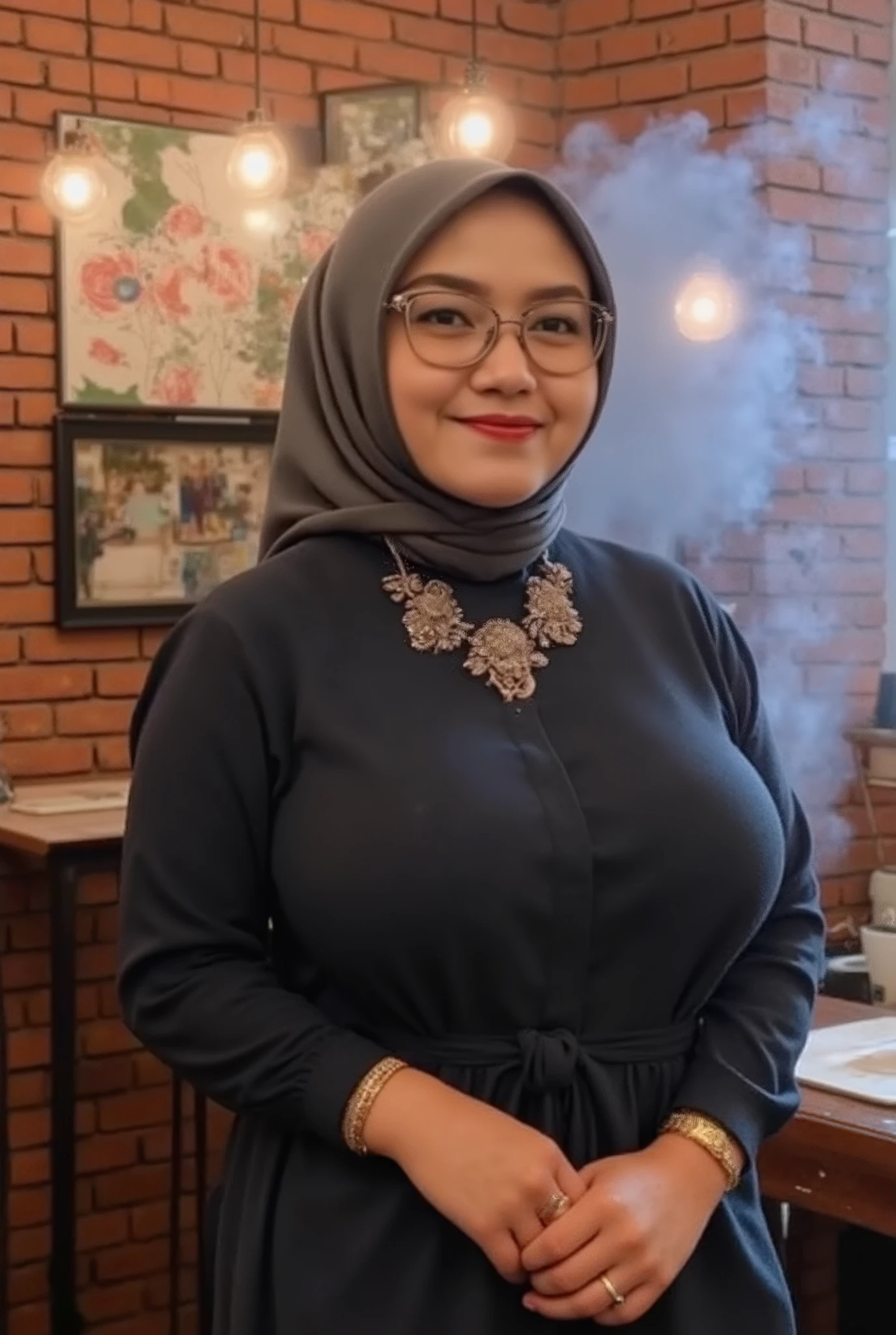 masterpiece, ultra-detailed, best quality, ((Indonesian beauty)), ((elegant modern hijab)), ((mature woman)), ((Gigantic Breasts : 1.5)), soulful singing expression, standing at vintage microphone, sophisticated long-sleeved evening dress, modest yet glamorous style, warm brown eyes with emotional depth, natural stage makeup, gentle smile while singing, jazz bar interior, warm spotlight highlighting face, grand piano in background, double bass player silhouette, soft theatrical lighting, crystal glasses catching light, exposed brick walls, vintage posters, intimate lounge setting, wooden bar counter, brass fixtures, hanging pendant lamps, blue cigarette smoke swirls, bokeh effects, stage curtains, musical notes floating, emotional performance, professional photography, cinematic atmosphere, moody lighting
