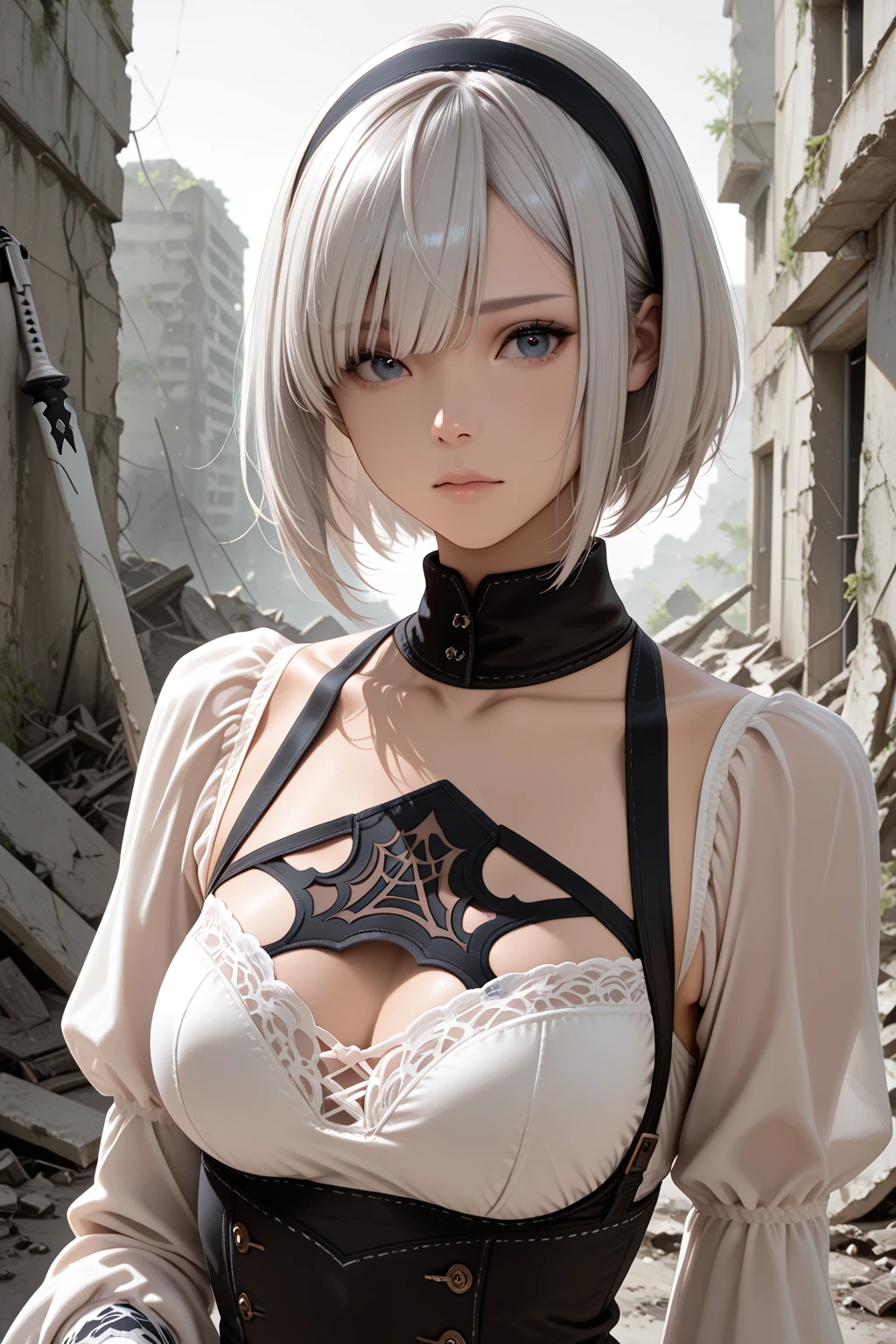 {(masterpiece,best quality, 16K portrait, UHD, extremely detailed the work, detailed beautiful face and eyes and skin and hair)}
BREAK {(ultra realistic photo graphic style)}
BREAK {solo,(2B of Nier-Automa:1.4), (lightbrown-lightwhite colored hair:1.4, short cut hair), (medium mouth),(narrow and sharp eyes),(attractive blue-glay eyes:1.4),(left-eye hidden by bangs:1.2),(slender body,small breasts):1.4,captivating lips}
BREAK {(Nier-Automata-2B costume:1.2),(cleavage between breasts:1.2),(hairband:1)}