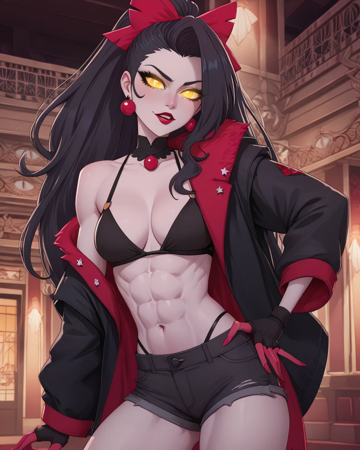 Somewhat tall girl with long black messy hair and sleepy ruby eyes wearing a tight slipknot band t-shirt, dark tights panties and a choker, doing a peace symbol with a chaotic face and sticking her tongue out in disrespect, her thighs squishy and her breasts are average sized.