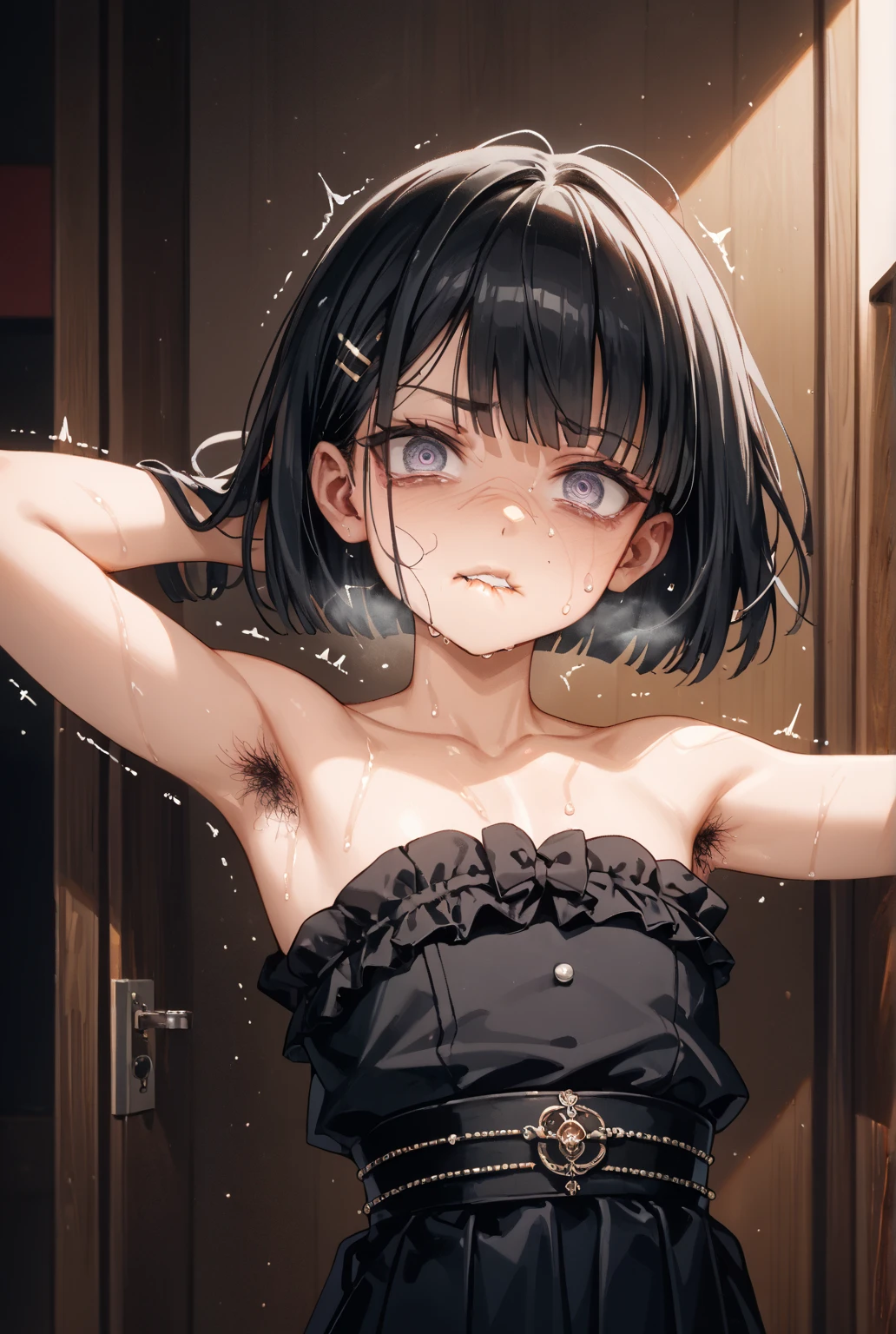 (masterpiece:1.2), (highest quality:1.2), Perfect Eyes, Perfect Face, Perfect lighting, middle ages, middle ages, battlefield, rubble, 1boy, Black Hair, white eye, blunt bangs, short hair , Ahoge, ((((nude)))) , open mouth, (scared:1.2), ((smile)), front, Small breasts, (messy hair), spread legs, arms behind head, sweat, ((((disdain)))), ((grin))