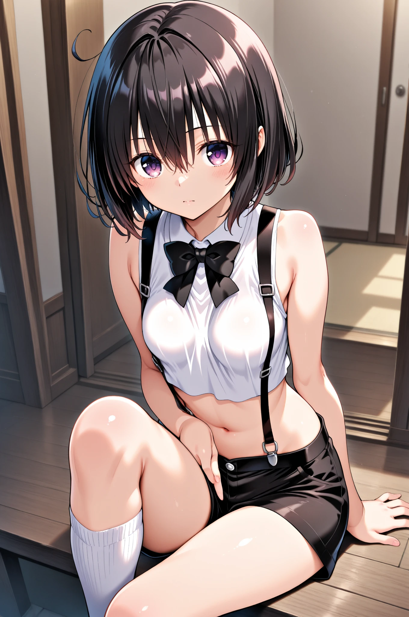 1girl, (hikigaya komachi, yahari ore no seishun lovecome wa machigatteiru, black hair, blue eyes), (reverse bunnysuit, reverse outfit, shiny rabbit ears headband, detached collar, bowtie, pink pasties, topless, tight sleeves, (black) puffy long sleeves: 1.2), thigh, perfect face, perfect anatomy, light rays, photo background, extremely delicate body, smooth skin, feminine expression, (cristal clear eyes, beautiful face), (anime style:0.8), (highres), (artist m-da s-tarou:0.2), (best quality)