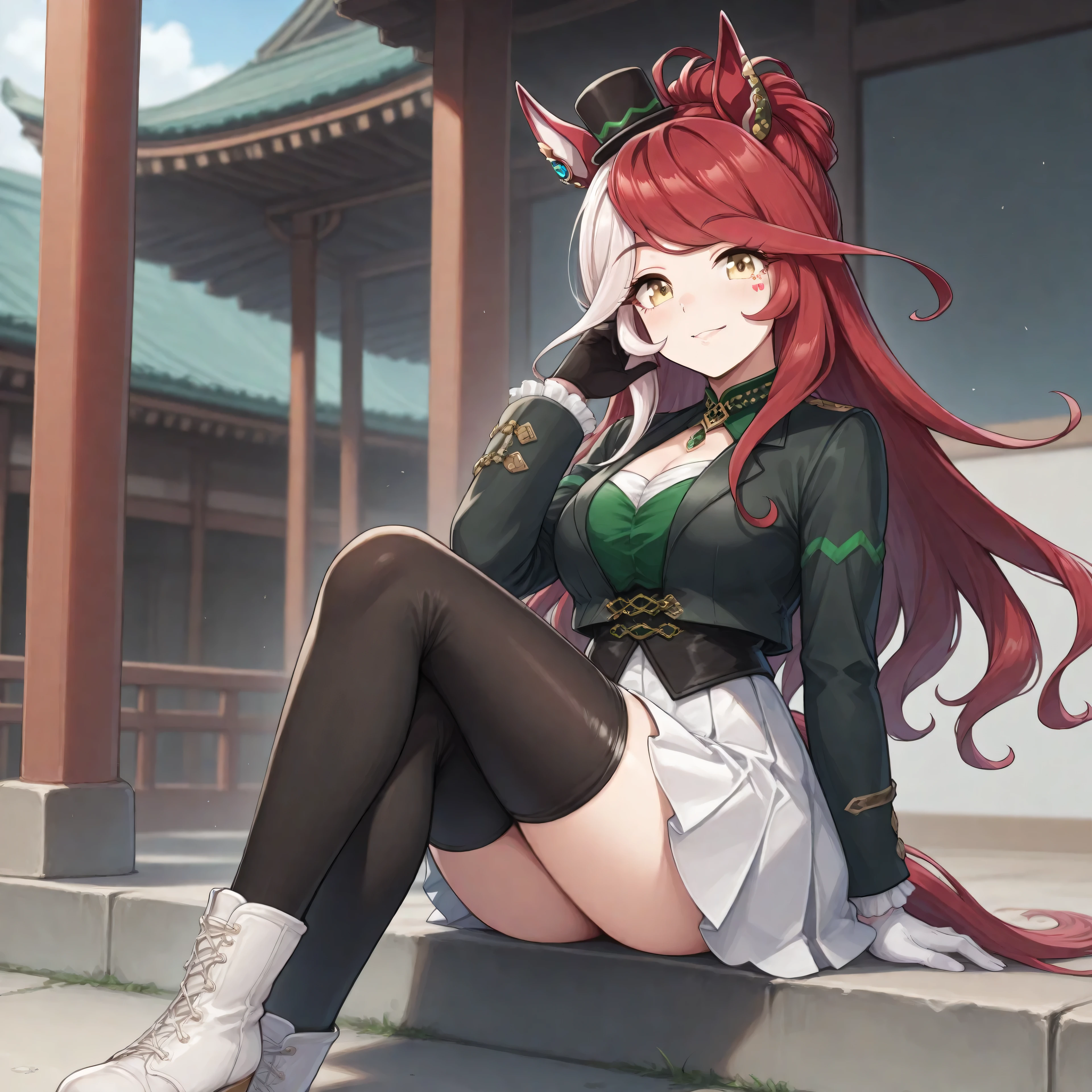 anime, lazypos, masterpiece, best quality, amazing quality, 1girl, solo, in shinto temple, loves only you \(umamusume\), bangs, long hair, mini hat, mini top hat, multicolored hair, red hair, white hair, top hat, hat, race costume, boots, earrings, gloves, long sleeves, black shirt, pleated skirt, skirt, white footwear, white skirt,