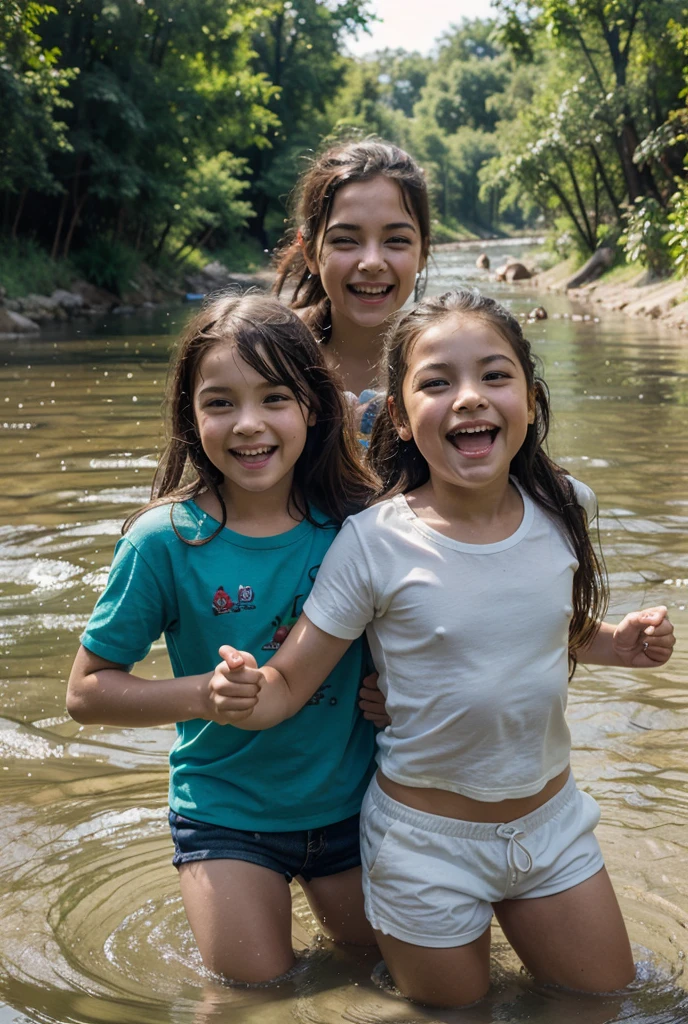 Girl standing crying because her foot got stuck in the middle of some rocks next to a stream and her friend is next to her worried too