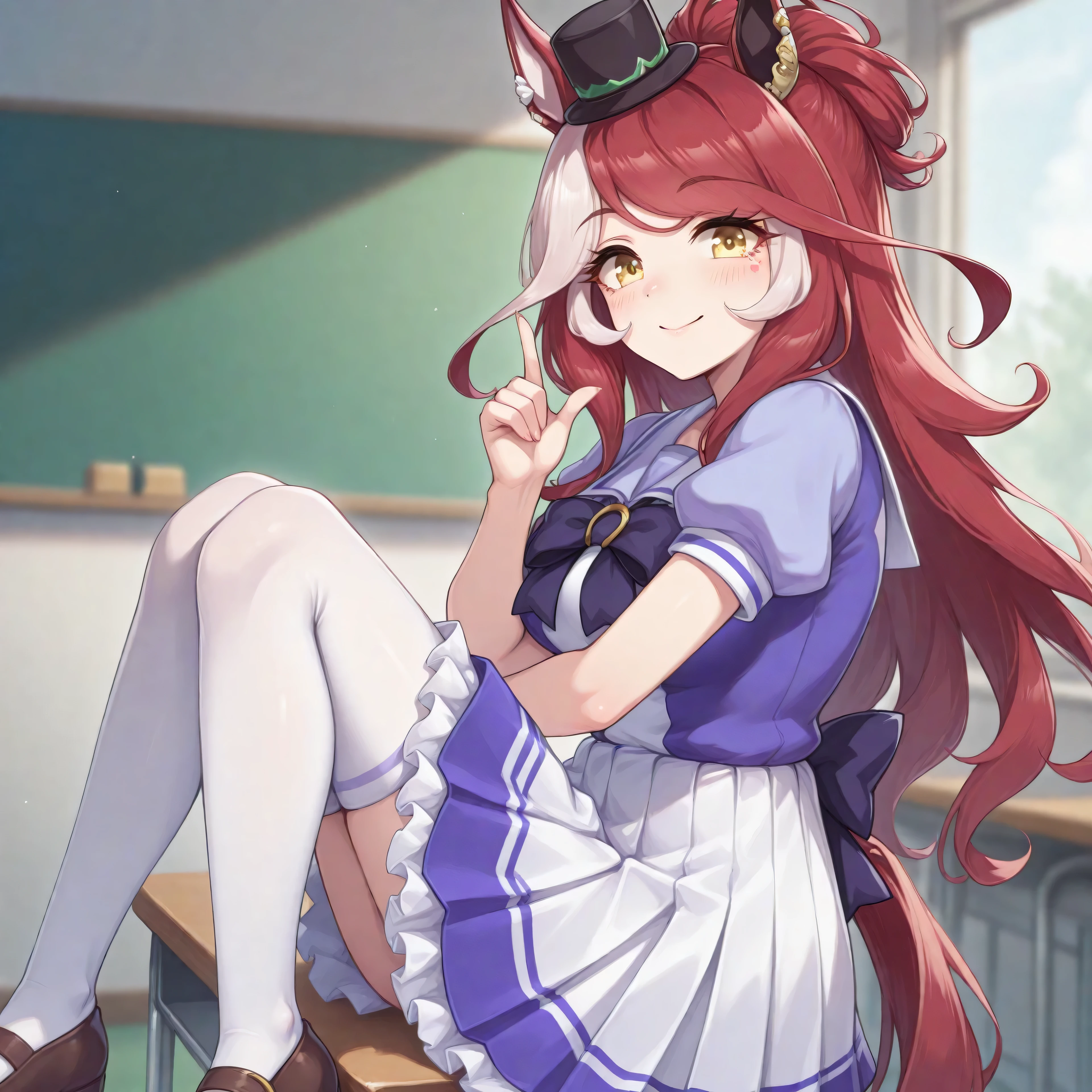 anime, lazypos, masterpiece, best quality, amazing quality, 1girl, solo, in classroom, loves only you \(umamusume\), bangs, long hair, mini hat, mini top hat, multicolored hair, red hair, white hair, TracenShort, tracen school uniform, purple sailor shirt, white pleated skirt, white thighhighs, brown loafers, purple bow, puffy short sleeves, pointing finger up,