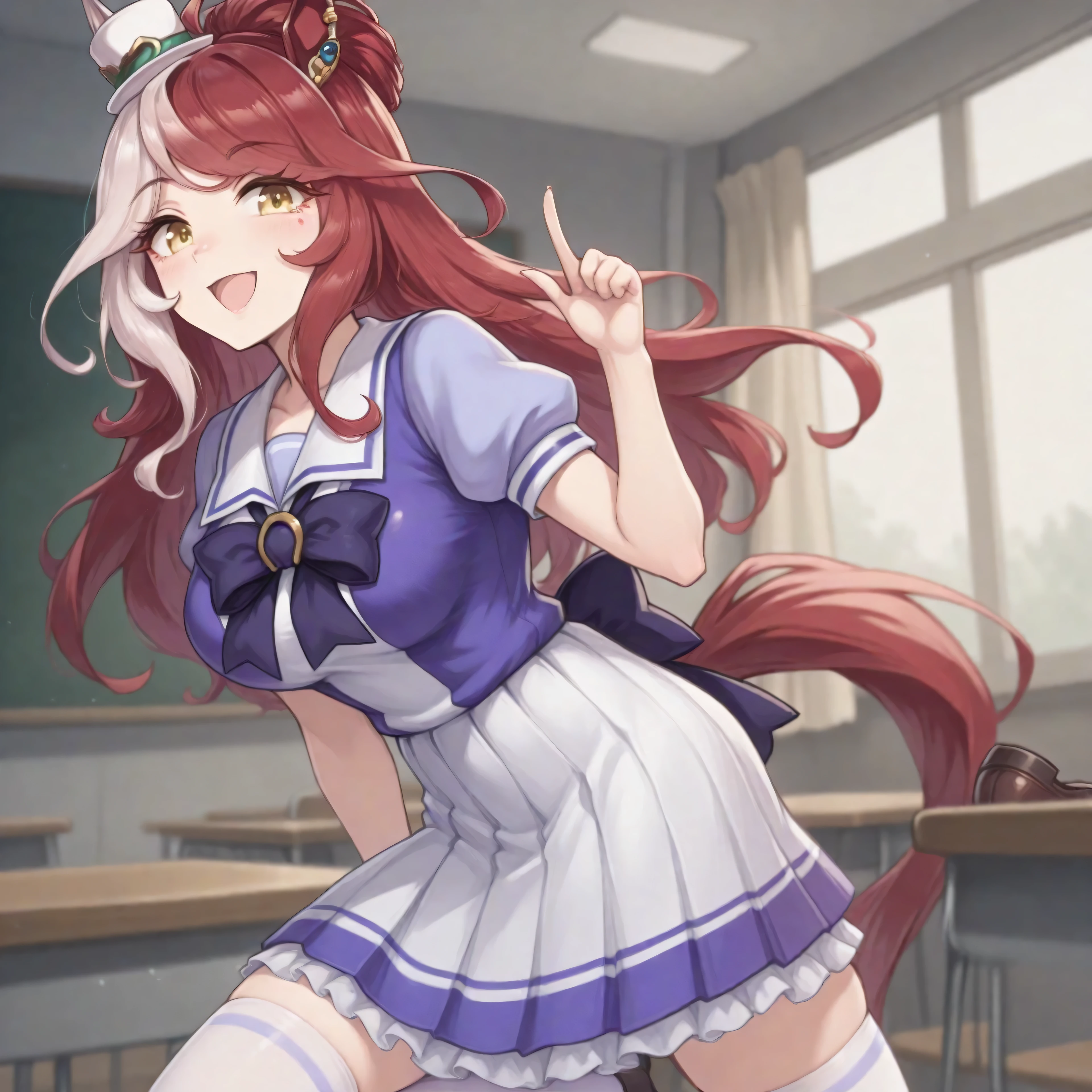 anime, lazypos, masterpiece, best quality, amazing quality, 1girl, solo, in classroom, loves only you \(umamusume\), bangs, long hair, mini hat, mini top hat, multicolored hair, red hair, white hair, TracenShort, tracen school uniform, purple sailor shirt, white pleated skirt, white thighhighs, brown loafers, purple bow, puffy short sleeves, pointing finger up,