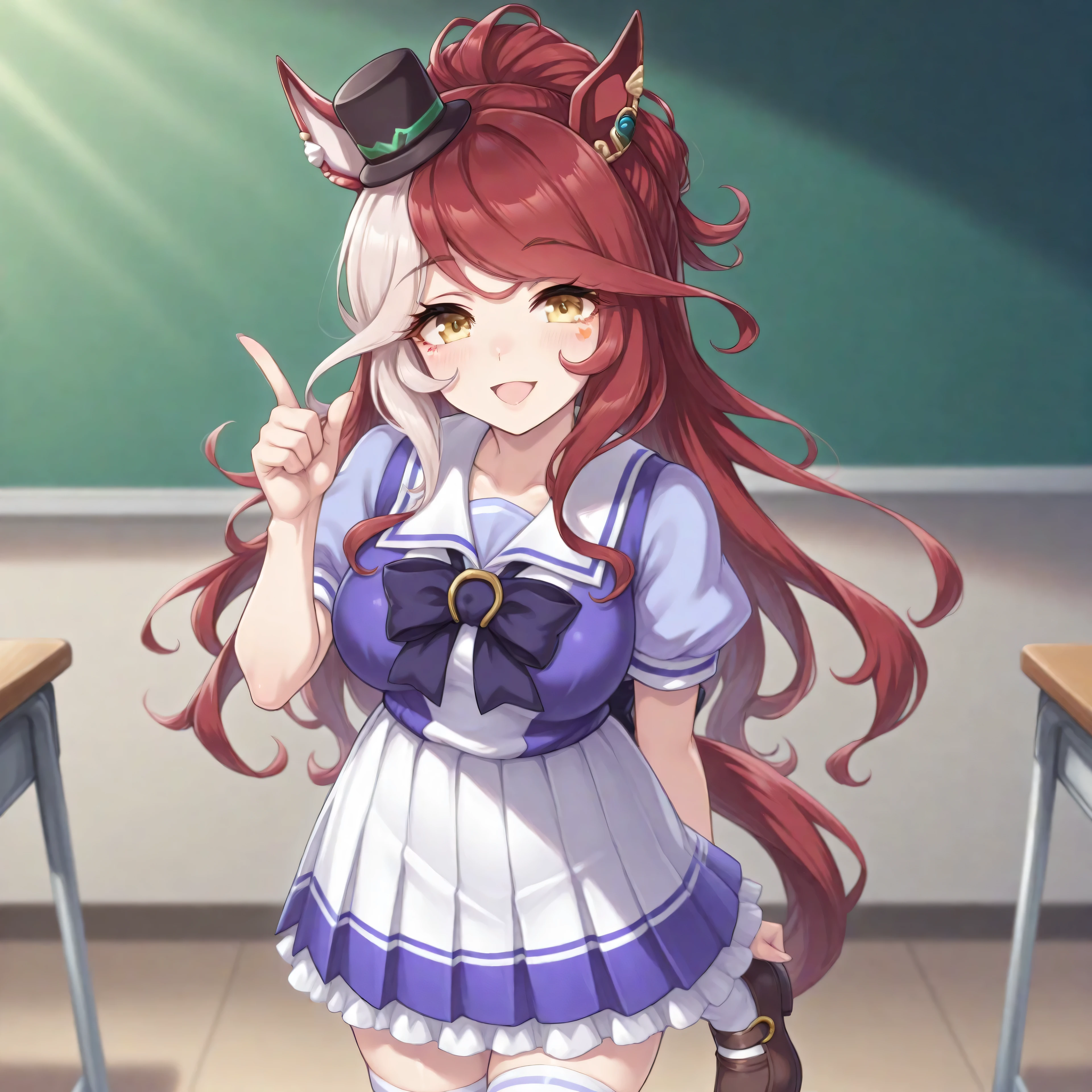 anime, lazypos, masterpiece, best quality, amazing quality, 1girl, solo, in classroom, loves only you \(umamusume\), bangs, long hair, mini hat, mini top hat, multicolored hair, red hair, white hair, TracenShort, tracen school uniform, purple sailor shirt, white pleated skirt, white thighhighs, brown loafers, purple bow, puffy short sleeves, pointing finger up,
