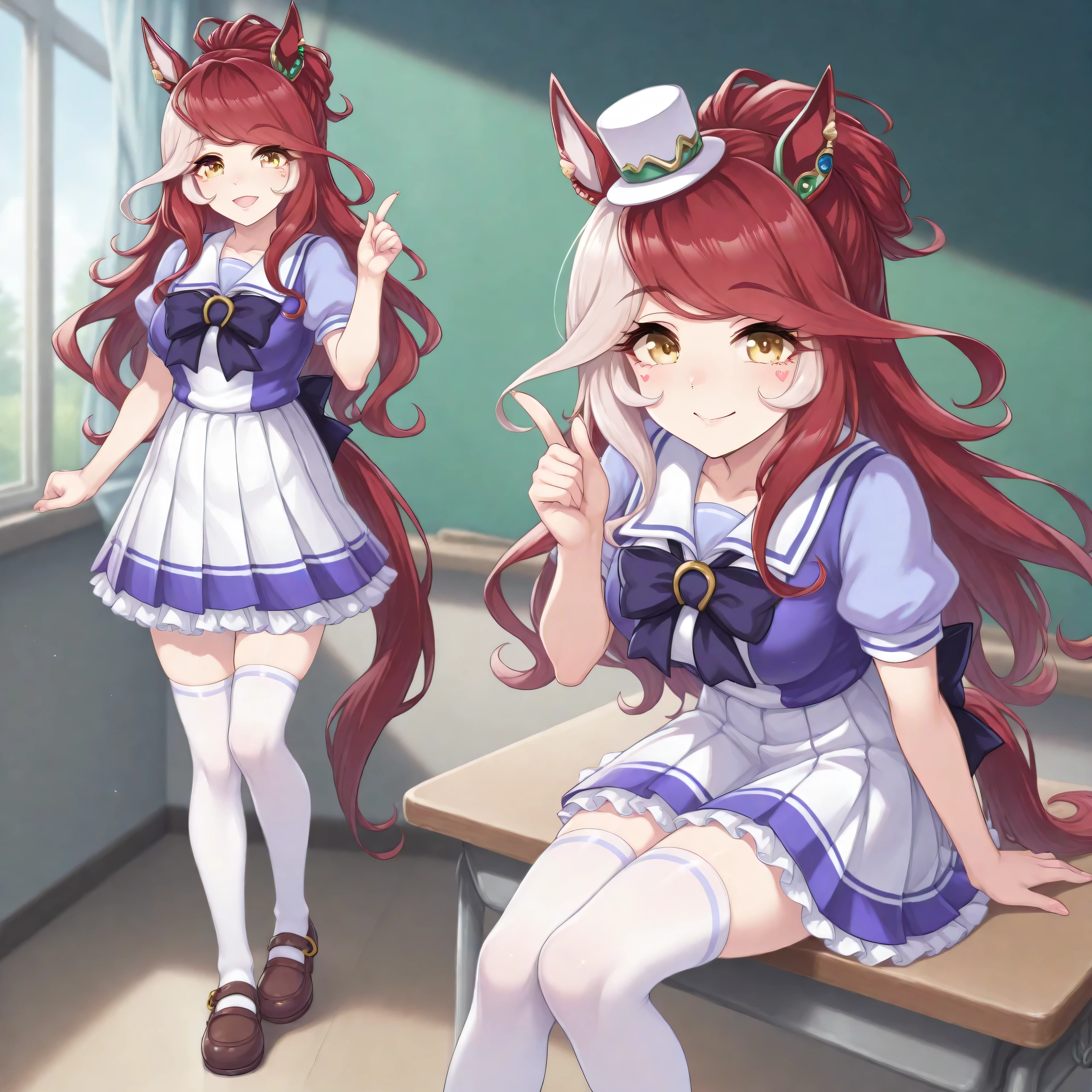 anime, lazypos, masterpiece, best quality, amazing quality, 1girl, solo, in classroom, loves only you \(umamusume\), bangs, long hair, mini hat, mini top hat, multicolored hair, red hair, white hair, TracenShort, tracen school uniform, purple sailor shirt, white pleated skirt, white thighhighs, brown loafers, purple bow, puffy short sleeves, pointing finger up,