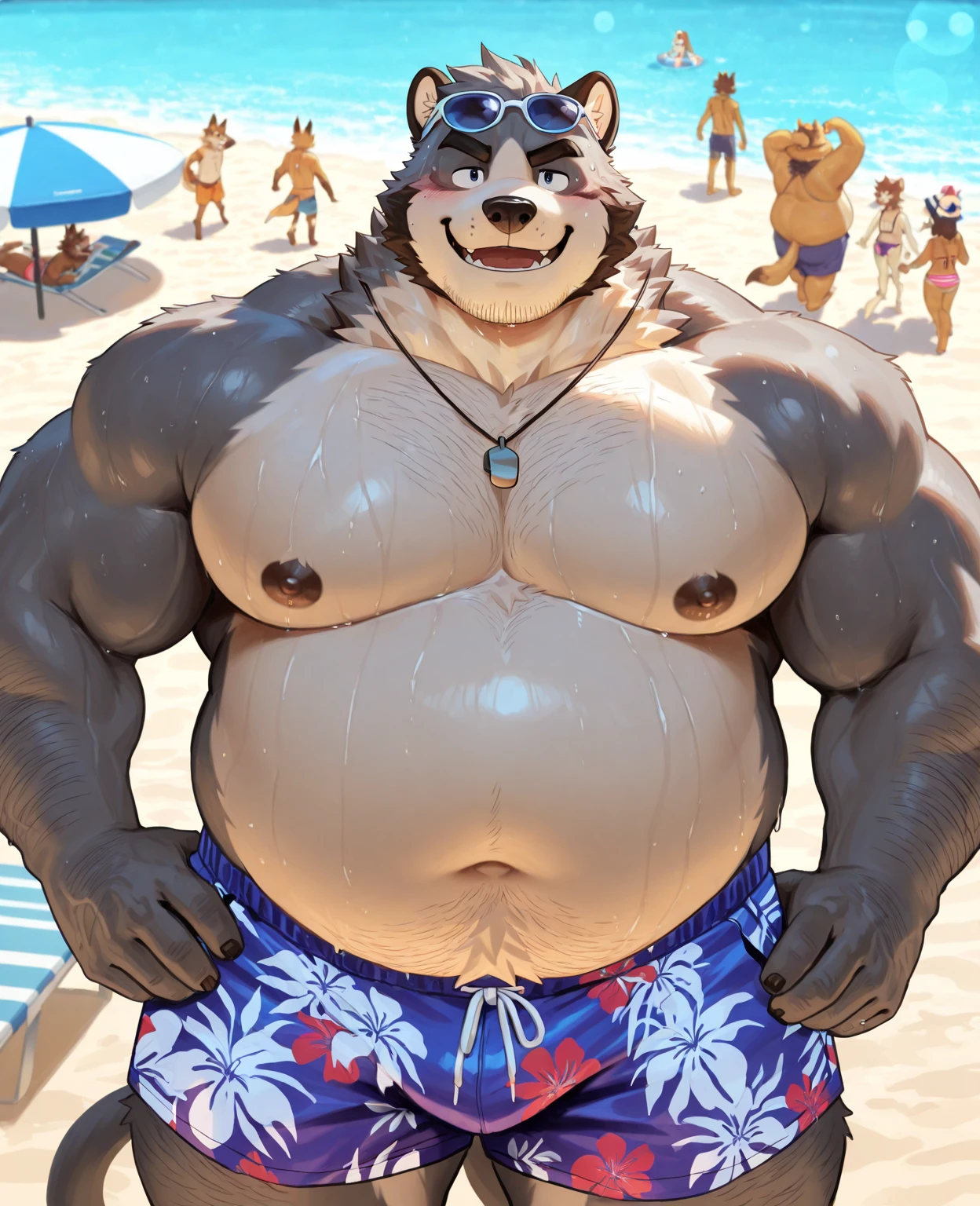 a anthropomorphic muscular grizzly bear in red swim trunks standing, mid-shot of a grizzly bear torso.