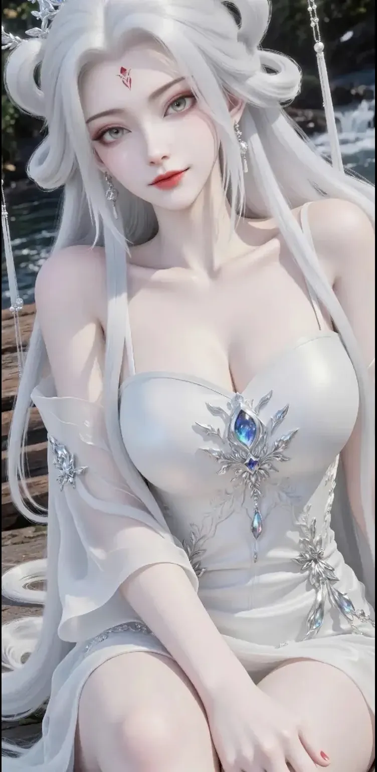 Girl, silver and gray dress, topless, gray hair, tiara, glove, chokes, gray long sleeves, ear wear, detailed hand, oval face, detailed face, parted smile lips, picture form top to knee, sexy standing pose, large breasts, look at camera, camera from below, detailed, dark cave background, photorealistic, best quality