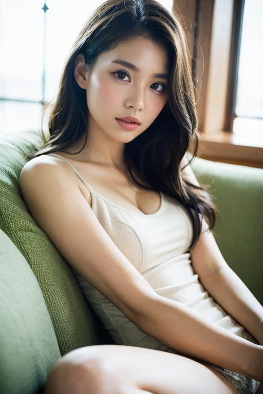 Super pretty 18-year-old Thai Girl, look at viewer, cloud, day, sky, outdoors, post-apocalypse, ruins, scenery, tree, water, Highly detailed character design, cute detailed digital art, beautiful digital illustration, high quality portrait, (wet hair, shoulder-length hair, wavy-messy hair), sitting on a chair, kid's bedroom interior, thin makeup, wardrobe extra-long oversized big tank-top shirt white, big and long shirts, only tank-top, no bra, no pants, no shorts, no underwear, ((natural medium breasts, smooth nipples pokies)), full body shot, chromatic aberration abuse, dithering, UHD, retina, masterpiece, 16k
