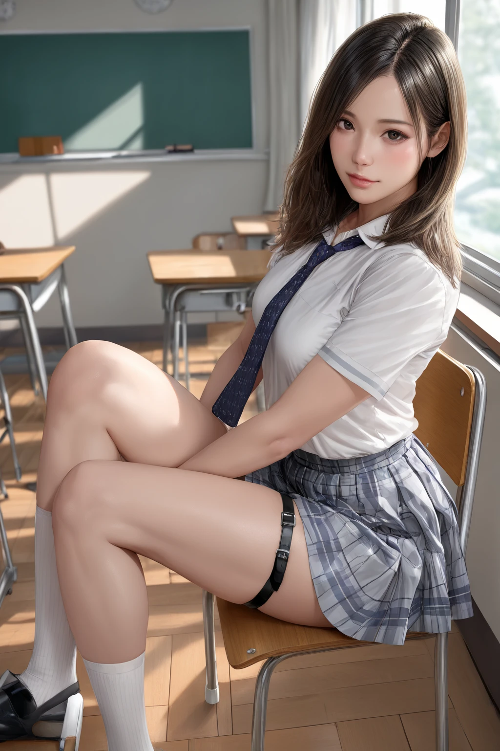 top-quality, masterpiece, Beautiful girl sitting at desk, hi-school girl, 校服, plump big breasts, Open legs, White blouses, pleatedskirt, Shy look,