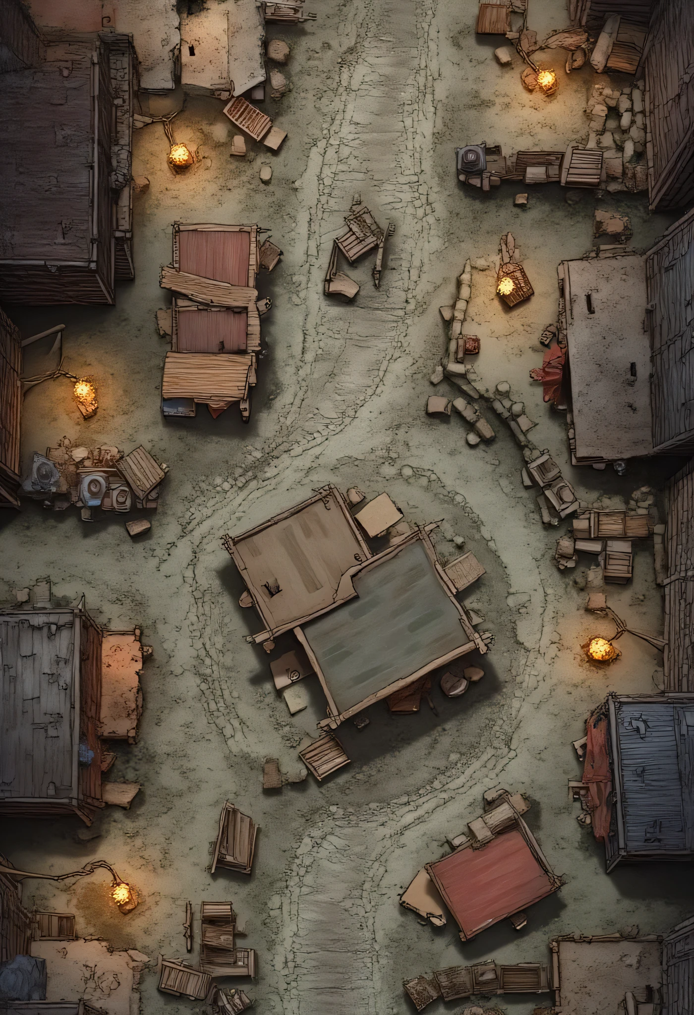 2d dnd battlemap, top-down view, grimy slum district, narrow twisted alleys, uneven muddy streets with puddles, crooked wooden and stone shacks with collapsed roofs and holes, broken fences, torn cloth covering improvised market stalls, scattered crates and barrels, trash heaps, hanging laundry lines with  rags, flickering lanterns casting shadows, graffiti-like markings on walls, makeshift barricades, dark corners suggesting danger, atmosphere of neglect and menace, gritty hand-drawn fantasy style, gridless, clear readability