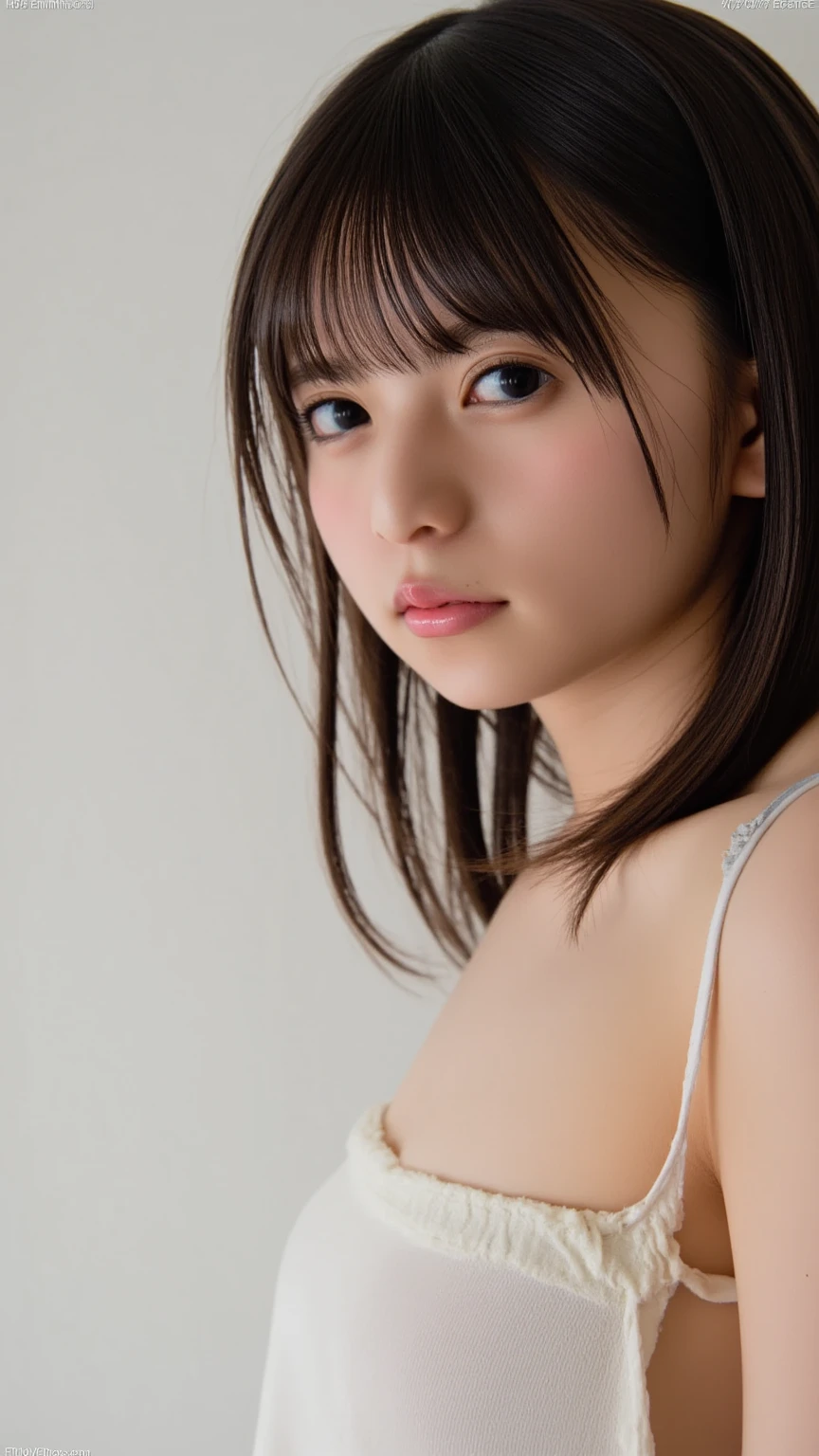 (Short bangs), (Hair color is dark chestnut with a slight brown tinge), (Hair with subtle and gentle waves), (Small, intricate braids on the side of long hair), (Decorated with thin ribbons), ( White blouse with small frills), (bow tie), (青いロングskirt), (White short ankle socks), Frilled blouse, skirt, white ankle socks, (masterpiece), (最high quality), (Very detailedな), (Best Shadow), (photoRealistic:1.4), high quality, masterpiece, Very detailedな, High resolution, 4K, 超High resolution, Detailed Shadows, Ultra-realistic, Dramatic lighting, One Girl, alone, Detailed face, Realistic eyes, Realistic Skin, Dynamic Hair, Dynamic pose, Dynamic Angle, White Background, (RAW Photos:1.2), ( Realistic:1.4), Beautiful detailed girl, Very detailed eyes and face, Beautiful attention to detail, ばVery detailedな, High resolution, Very detailed, 最high quality, (Bright interior), (Soft Light), (Low contrast), (Shallow depth of field), (portrait of a beautiful woman illuminated by gentle light), (Very delicate and elegant depiction),shape, Very detailed, CG, Unified, 8k wallpaper, wonderful, Finer details, 最high quality, Very detailed CG Unified 8k wallpaper, Face Light, Cinema Lighting, One Girl,