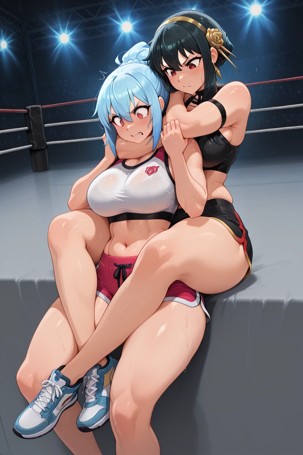 ((masterpiece)),((best quality)),(ultra-detailed),(an extremely delicate and beautiful),detailed background, cum in pussy,(cum on clothes),(leaning back:1.4),((((1woman,tall stature)))and(((1shota boy,short stature)))),((((hetero)))),(height difference),(((wrestling ring))), (1woman),((((silver wolf/(Honkai:star rail/)))),(curvy:1.4),(huge breasts), pale skin,shiny skin, long hair,ponytail ,drill hair,hair between eyes, eyewear on head, navel, midriff,((She wears jacket, black jacket, sunglasses, gloves, black gloves, fingerless gloves, shorts,black shorts, shirt, white shirt, choker, crop top, fur trim)),(rolling eyes:1.4),(ahegao),(trembling), clothing aside, cowgirl position,bouncing breasts,(((man of top))),head back,tongue out,pussy,vaginal penis,(((motion lines))),(((vulgarity))),trembling,motion lines, cum on breasts,cum in mouth,(cum on hair:1.4),(excessive cum), ((((1shota boy)))),(petite),penis,dark-skinned shota boy,interracial,