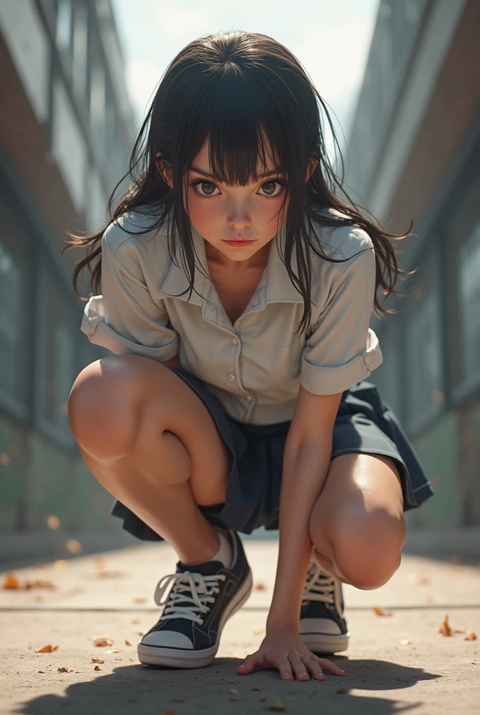 Move the center of gravity back, Put your arms forward with both feet, Place both feet in a circle of arms, Pretty embarrassing, no panty, Slim legs, naked ass, писает, Puddle under your feet, 90 degree knees, Heels on the ground, hands in front of your feet, Hugging my legs, I'm on my knees, pavement, Raw photos, 8K, topquality, extra high resolution, Beautiful faces, Detailed;, Real Human Skin, Gentle expressions, frontal view, the angle from below, hairlong, realisti, photo-realistic, cutest, Squatting in the depths of the city, cute schoolgirl, body complet,