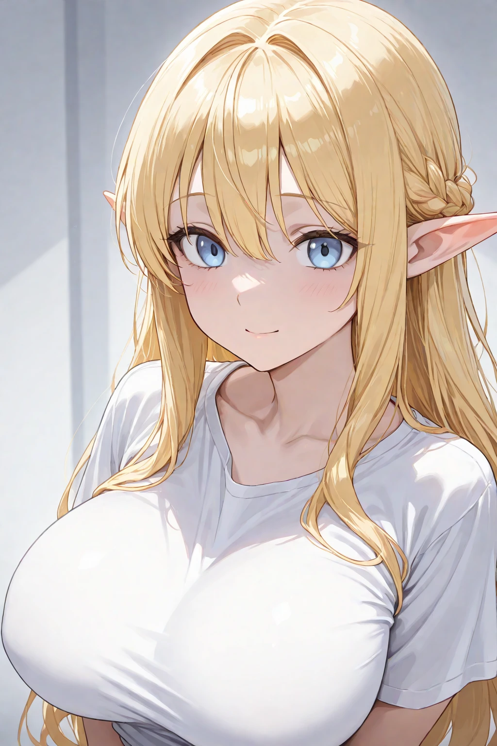 (Detailed) (masterpiece) beautiful elf woman, long blonde hair, blue eyes, sitting on sofa, wearing loose off-shoulder transparent white top, with a nice cleavage, small jeans shorts, huge perfect boobs, indoors, soft lighting, plants in background, window with sunlight, cozy room, relaxed pose, intricate details, warm colors, smiling, hands down, shy smile