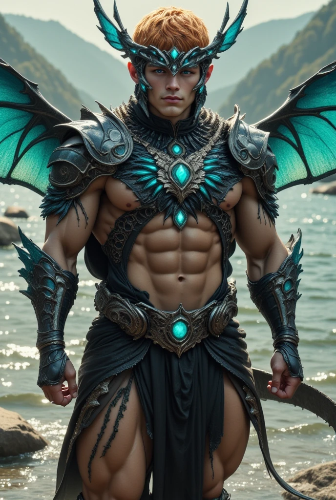 (1 male:1.2),(muscle man:1.1),(frontal illumination:1.2),with a silver body and glitters with lights above, green hair with golden shade, dark beard, extreme iridescent reflection,in the style of vray tracing,shiny/ glossy,rococo pastel,vray,silver,shiny eyes,(chained fairy:1.2),male characteristics, detailed bulge, beard, jungle, nature, fireflies