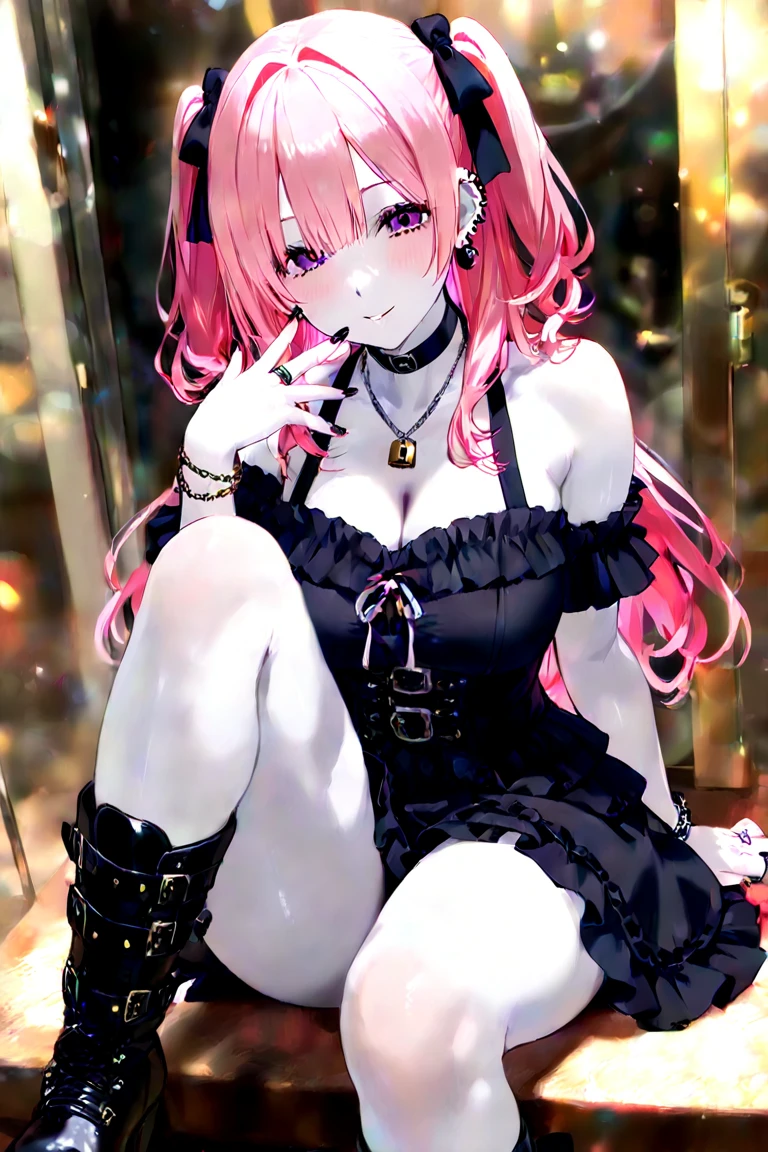 woman, portrait, goth, goth makeup, pink hair, off the shoulder, pigtails with choppy bangs, fishnets, full body shot, bedroom, eyeliner, smokey eyes, pale skin, black lips