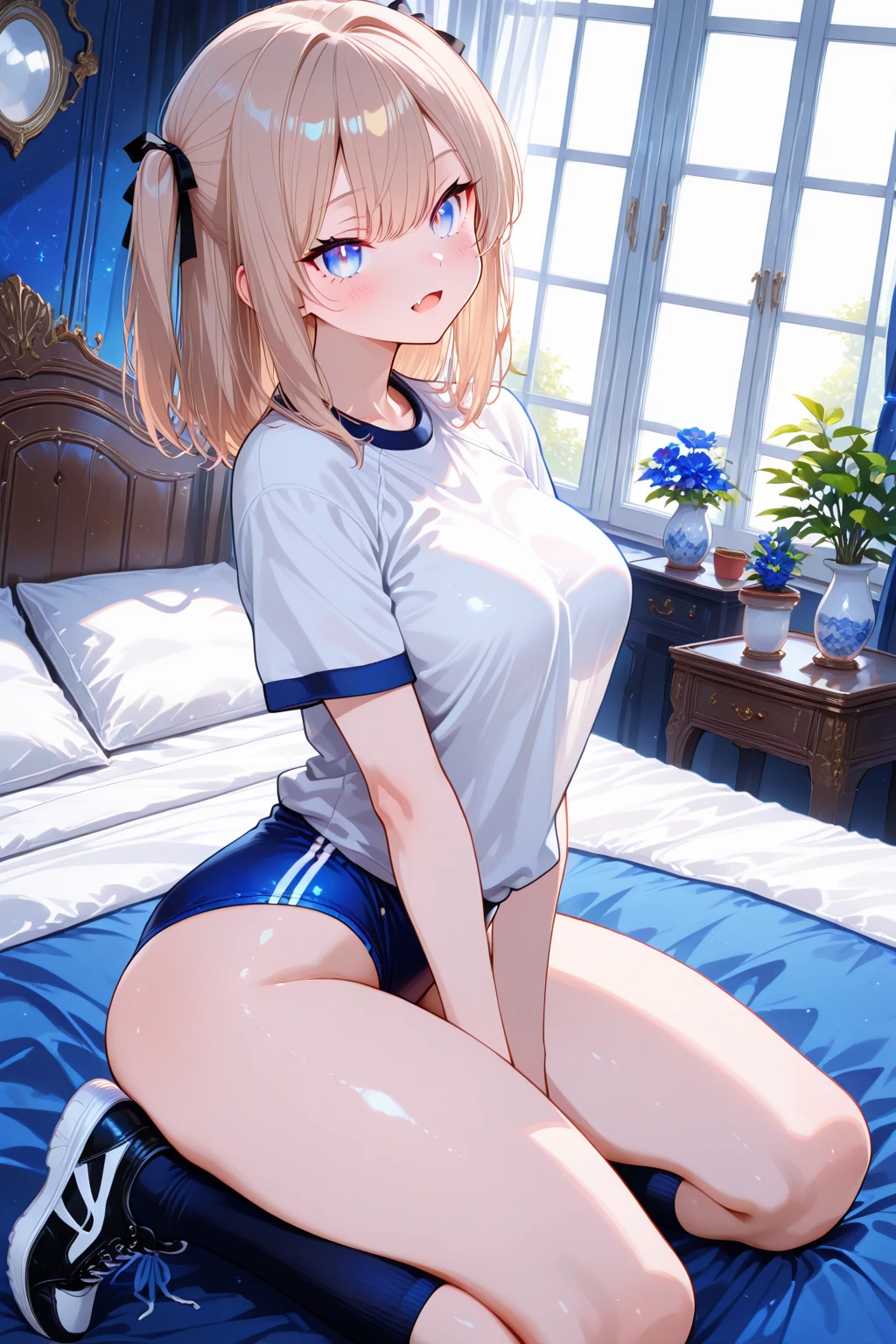 1girl,solo,retina,masterpiece, Awards, high quality, High resolution, HD, 4K,8K,high quality,portrait,white clothes,(Kneaded the breasts flat:1.3),(Straddled:0.5),bedroom,