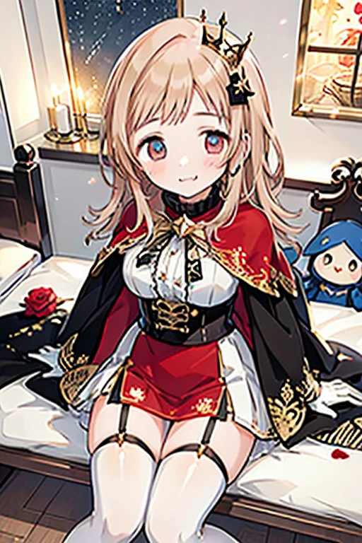 Yukka ende, Yukka uniform, red silk hat, masterpiece, best quality, solo, 1girl, ((blush)), blonde hair, blue eyes, (small red hair bows) , on bed, pillow, sunlight, beautiful face, shining eyes, (undressing), ((middle chest)) ((white bra and panties)), ((lying on back)) , (highly detailed background:1.2), more_details:1.5,((masterpiece)),((highest quality)),((8k)),((ultra-detailed)), (close up crotch), embarrassed, ((blush)), portrait, looking up, (((incoming_kiss))), open shirt by self, spread legs, knee lift, crotch seam, cameltoe, wet panties