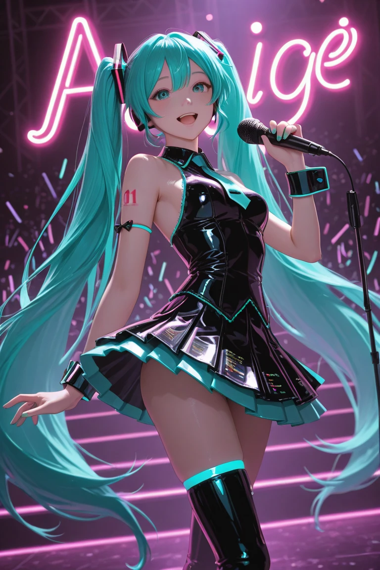 A charismatic anime style East-Asian female pop idol performs on stage in a vividly lit dark setting, looking magnetic and mysterious. She stands proudly with her sleek black hair and attire, subtly adorned with rainbow accents. Bathed in a wash of cool neon lights, the scene generates an aura of intrigue and adrenaline. Her vibrant energy radiates through her playful pose. Motion blur encapsulates her dynamic movements while the theatrical shadows from the stage lights intensify the atmosphere. An alluring mix of darkness and neon, lush greens and swirling rainbow highlights bring to life her stage presence, creating an image of enigmatic beauty.