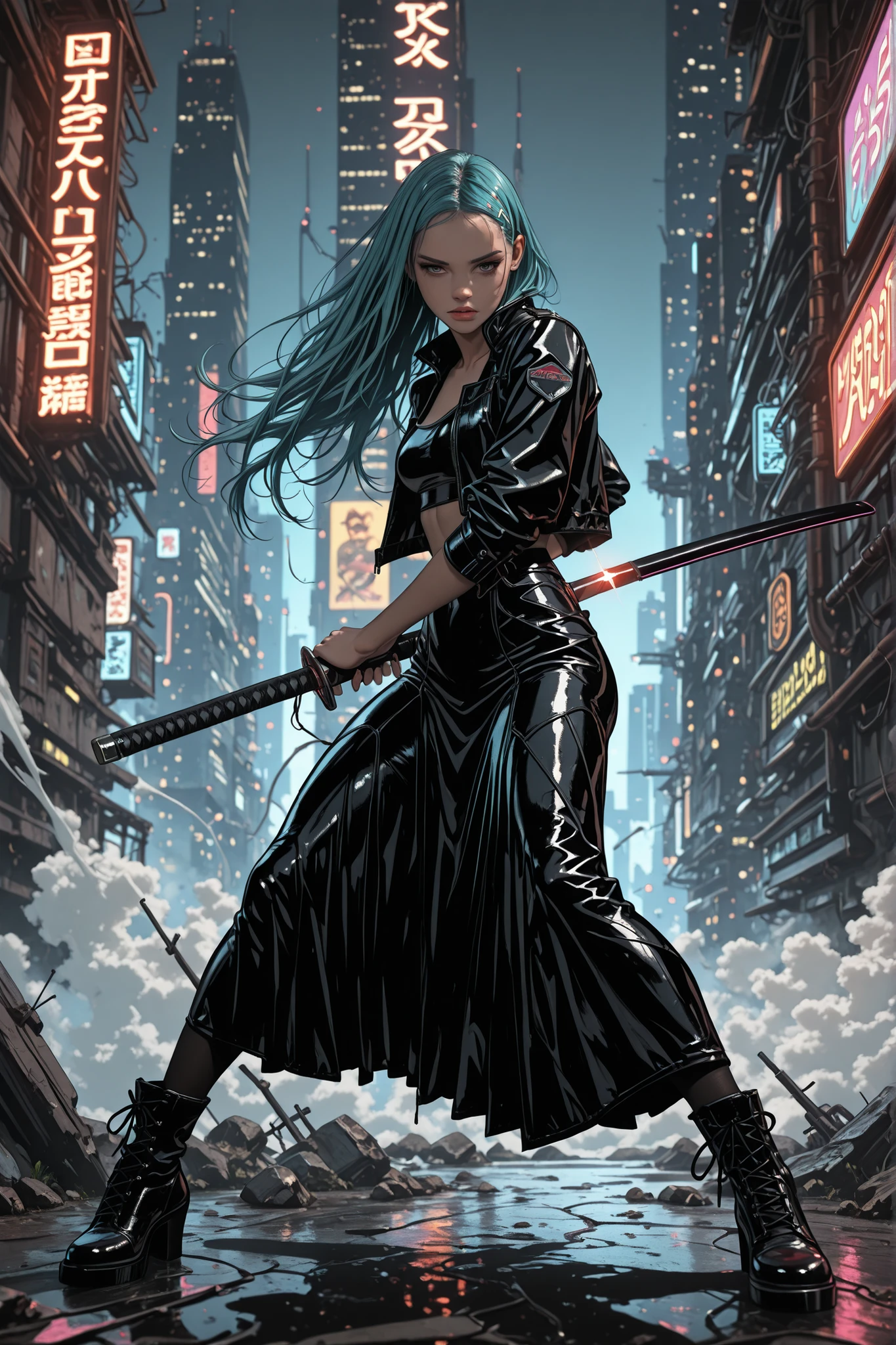 iaidou,weapon, katana, holding sword, ready to draw, sheathed, unsheathing, scabbard,pksinozick,m0eb0s,flat color, (masterpiece, best quality), european comic art style, bande dessinée style, cyberpunk aesthetic, neon lights, futuristic cityscape background, dynamic action pose, a beautiful female swordsman holding a katana, dramatic foreshortening, leather jacket, long skirt, flowing hair, artistic and bold color palette, painterly shading, high contrast, sharp lines, cinematic atmosphere, innovative composition, detailed mechanic armor with cyberpunk elements, glowing reflections