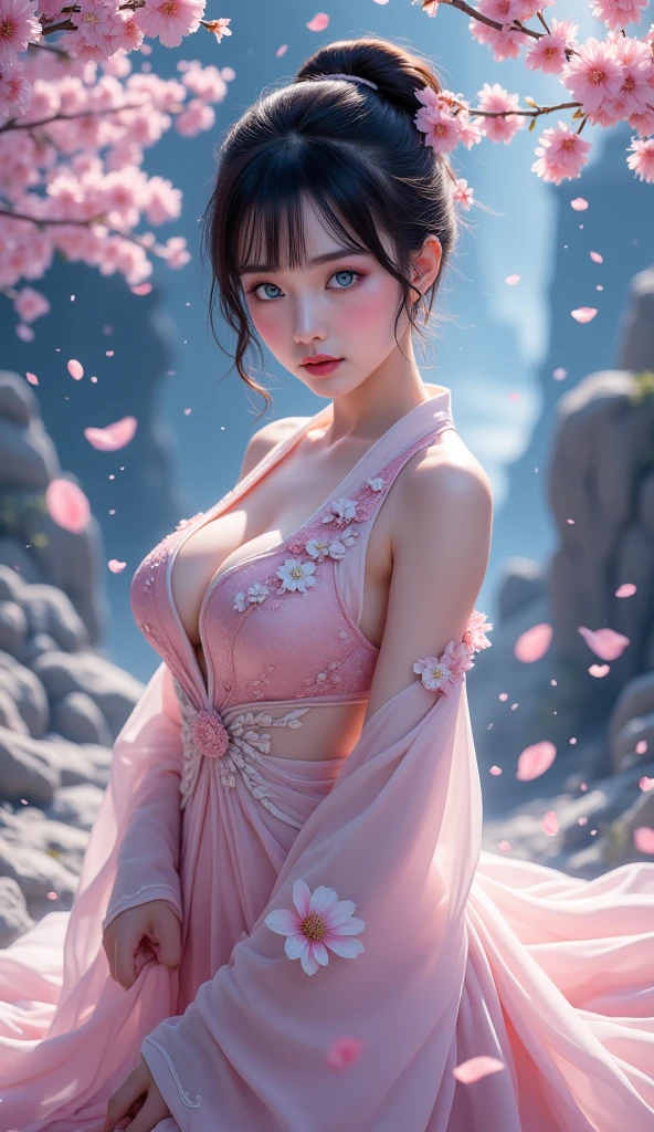 loose outfit、Show shoulders、Navel Ejection、How to wear a gown with a dark see-through halter neck broken、Decorated with intricate patterns and pastel colors、Transparent material that makes the skin shine、Artistic depiction of seductive woman in gown with wet thin cloth and transparent skin, Floral and fantastic pattern with flowing silky traditional see-through skin。Her dress draped elegantly around her curvaceous figure、Emphasizes her charming silhouette。She's a gentle fireworks night、Dynamic Posing、Sexy Posing、bathed in the soft glow of moonlight。The scene is、With a hint of mystery and sensuality、It exudes an ethereal dreamy atmosphere。The image style is、Incorporates a blend of watercolor and digital illustration techniques.、It makes you feel delicate beauty and charm。Soft moonlit lighting、Cast gentle highlights and shadows on her mesmerizing features。Dynamic Posing、Bold poses、The hand is somewhere、see -through、show through、A sexy、Wet hair、Wet、cherry trees、flower petals、cherryblossom、The cherry tree、Sakura blizzard、buried、Transparent skin、Wet clothes、Chest Pulling、Translucent clothes、Eau、nudde、garterbelts、fishnet tights、huge moon、Upper body photography、masutepiece
