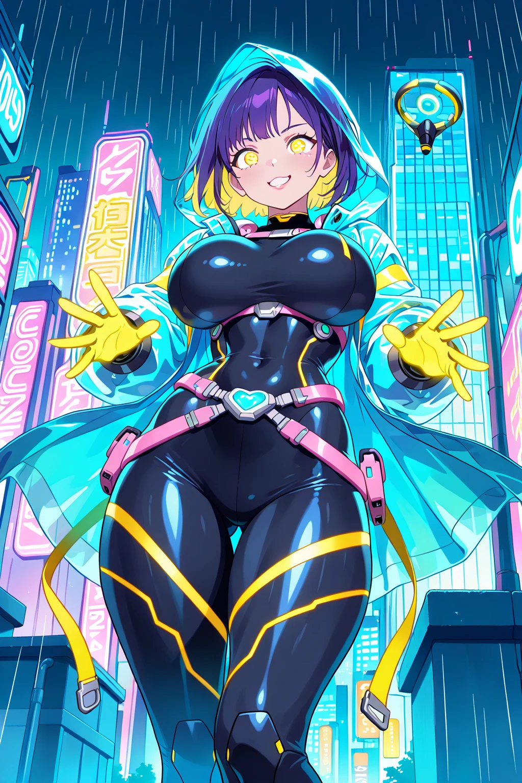 1girl, solo, long_hair, breasts, looking_at_viewer, smile, bangs, red_eyes, gloves, medium_breasts, blue_hair, upper_body, tongue, tongue_out, bodysuit, zipper, :q, <lora:gyokai:1>