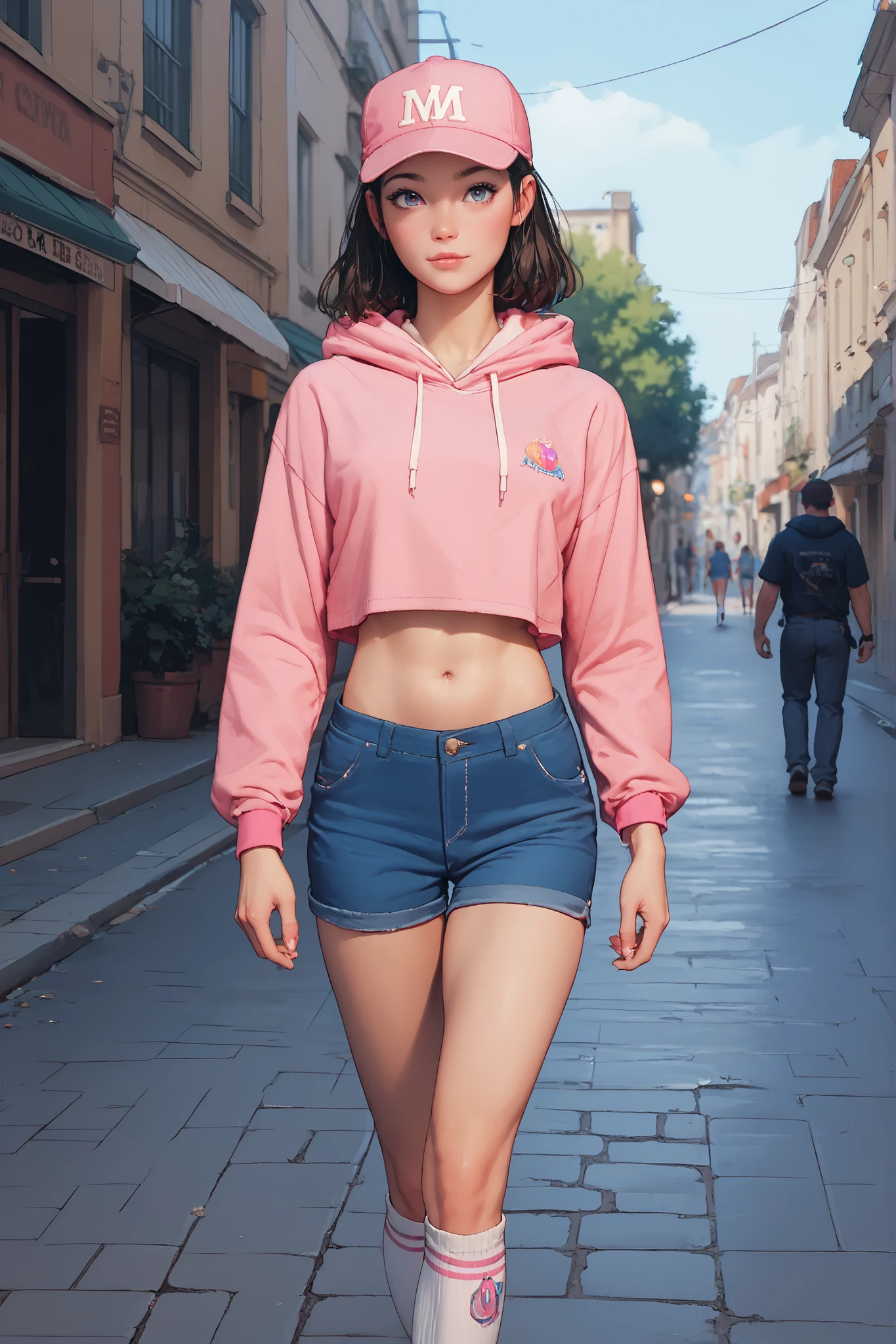 score_9, score_8_up, score_7_up, skinny girl, walking in the street,  baseball cap, cropped pink hoodie , navel,  hit Denim shorts ,  white thigh-high socks, cowboy shot