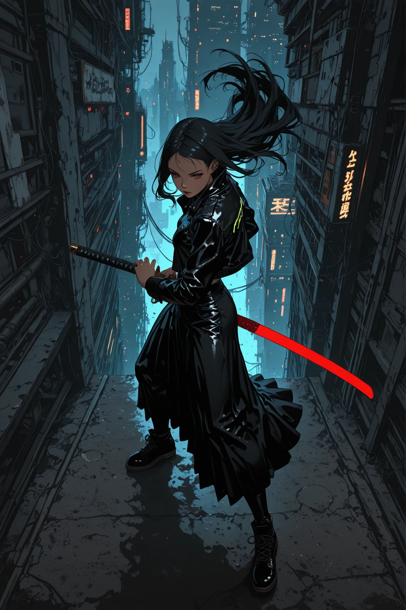 iaidou,weapon, katana, holding sword, ready to draw, sheathed, unsheathing, scabbard,pksinozick,m0eb0s,flat color, (masterpiece, best quality), european comic art style, bande dessinée style, cyberpunk aesthetic, neon lights, futuristic cityscape background, high angle, dynamic action pose, a beautiful female swordsman holding a katana, dramatic foreshortening, leather jacket, long skirt, flowing hair, artistic and bold color palette, painterly shading, high contrast, sharp lines, cinematic atmosphere, innovative composition, detailed mechanic armor with cyberpunk elements, glowing reflections
