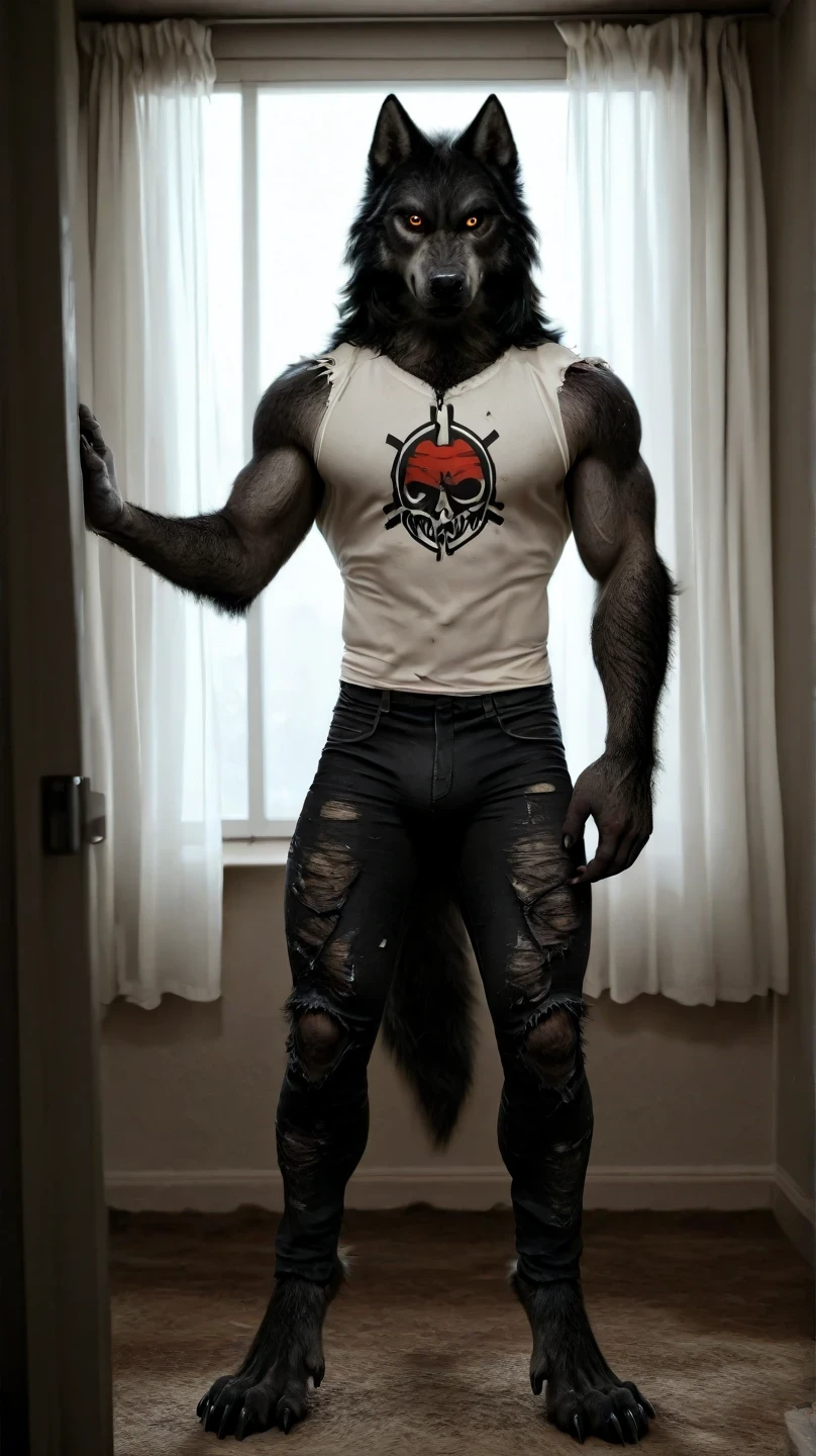 Hairy black male wolf, standing , in a room, full body, wolf tail , looking at the viewer, black hair, amber eyes , anthropomorphic wolf, in front al espectador , in front, vista frontal , torn tight pants, sleeveless white t-shirt, in a room blanca, window with a view, white curtains, clawed feet