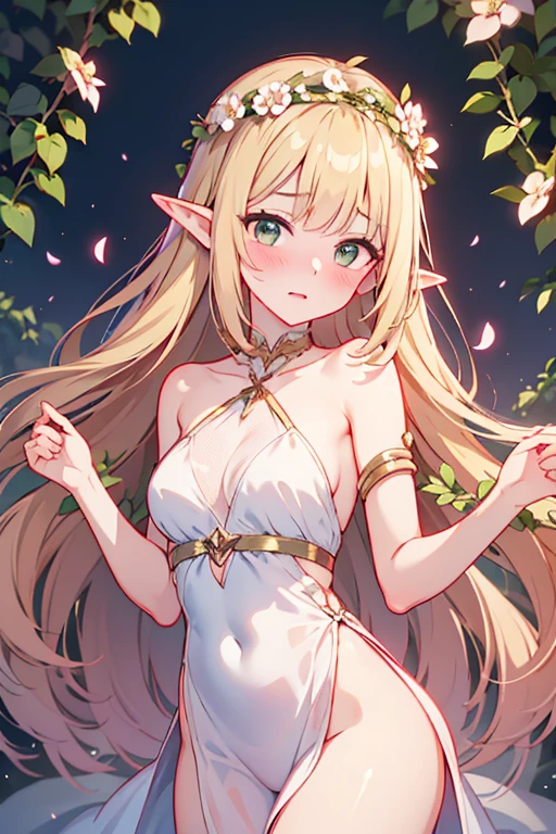 (8k, top quality, masterpiece: 1.2), (realistic, photorealistic: 1.37), super detail, sleeping elf, naked, long yellow hair, shiny blue eyes, flower garden, lots of small faint light and fireflies flying around, night, glistening skin, shiny hair,