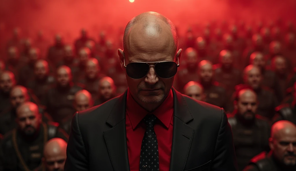A bald man in a dark suit, red shirt, and red tie stands expressionless ...