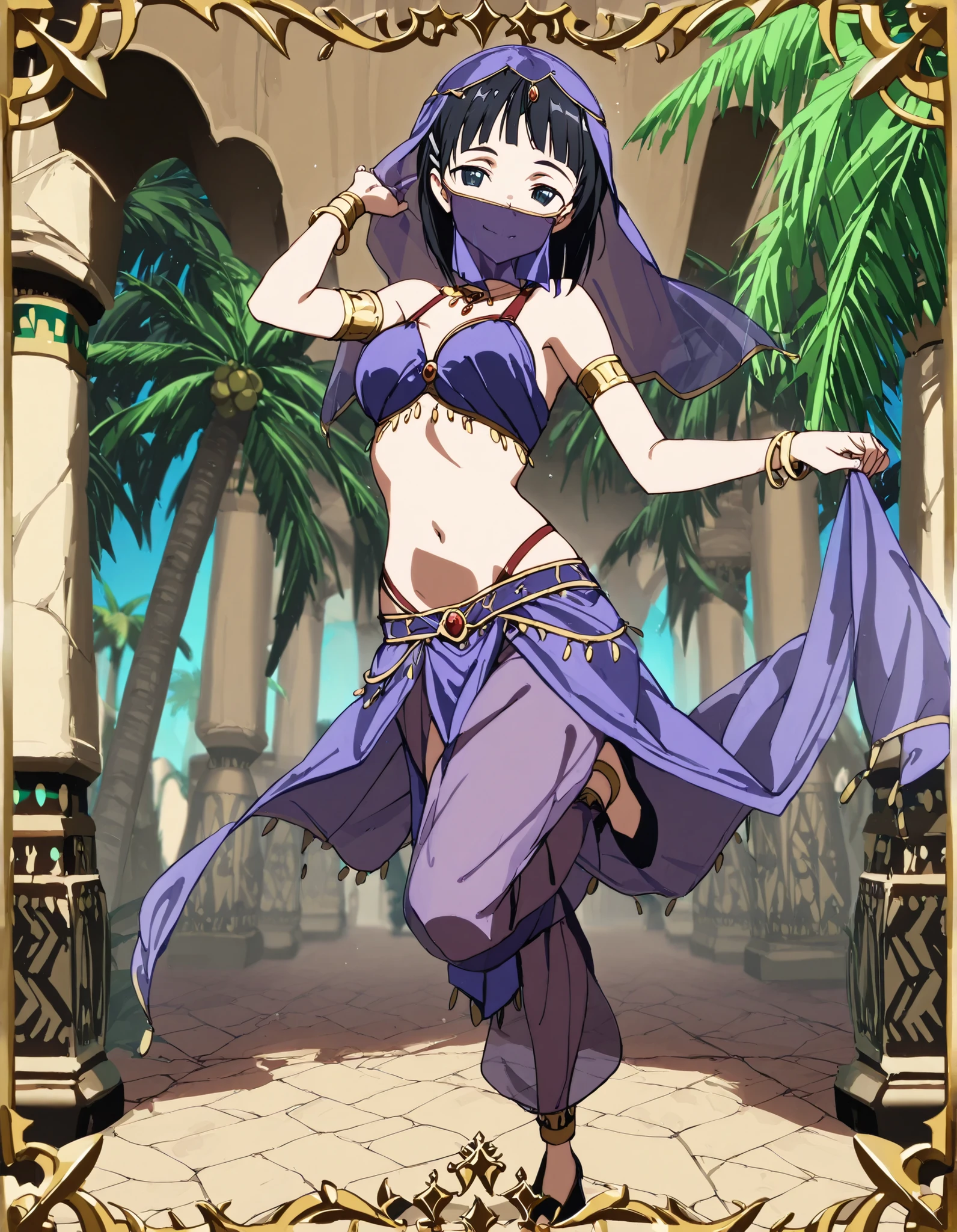 (1girl:1 . 5) , (Seul:1 . 5) , score_9 , score_8_haut , score_7_haut , source_anime , Official work , ultra-detailed , masterpiece , best quality selfie snapshot , high resolution , beaux yeux , detailed eyes , detailed face , beautiful detailed eyes ,Sword art Online, Kirigaya Suguha,Arabian Clothes , Arabian Dancer ,belly dancer costume ,full body,mouth veil, golden jewelery,armlet, belly dancing,nightdesert lands, palm tree, smile, dancing with veil, dynamic movement,dance posture, pose