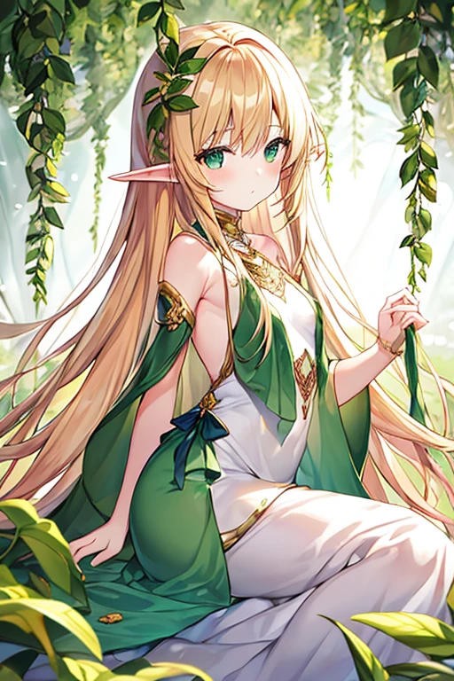 ((masterpiece)), ((highest quality)), ((High resolution)), ((Highly detailed CG synthesis 8k wallpaper)), ((On the branches of a tree in a deep forest:1.3)), ((Elf female cartoon character, Pointed elven ears, Wavy blonde hair, Green Eyes, Bare Skin:1.2)), Cowboy Shot, The skin is moist and shiny, She wears a flowing mini dress and gold-embellished leather armor., Long leather boots, ((Tilt your head, View from the front:1.2)), ((Squat with your legs apart)), 