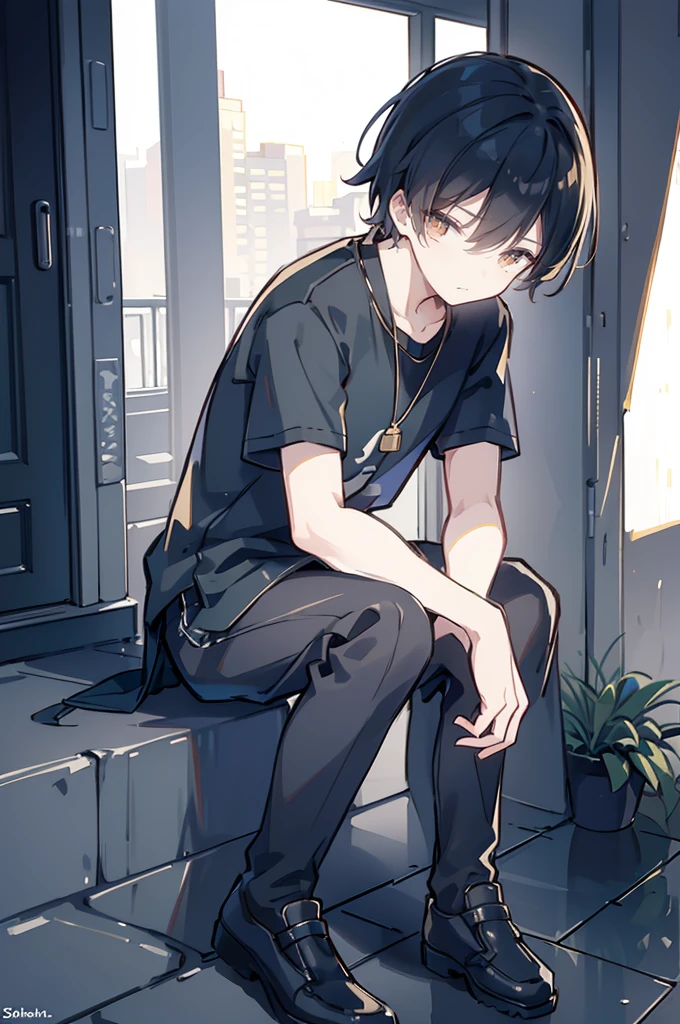 masterpiece, best quality, high quality, 1boy, solo, 14-year-old boy,evil boy,male focus, looking at viewer , black hair, old-school swoop haircut,black jacket ,blue jean shorts,blue eyes, sitting on a bench 