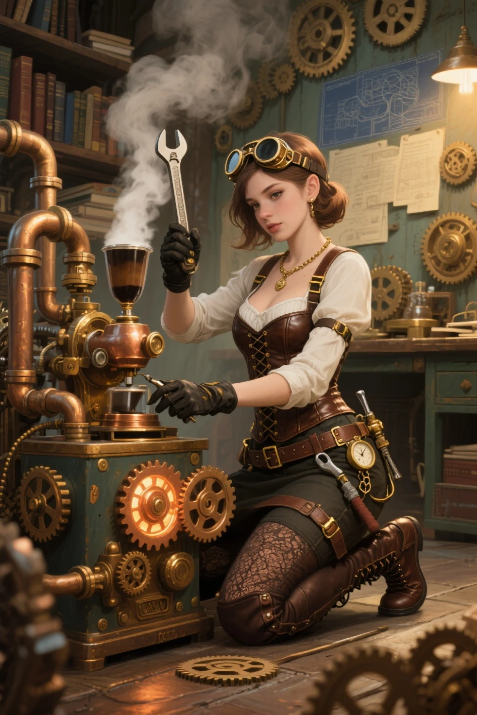 masterpiece, best quality, 1beautiful woman, flat chest, petite, teenager, short brown hair, pixie cut, green eyes, (bright eyes), ((steampunk)), corset, top hat, laboratory, workshop, (night), (vacuum tube), counterpart, arms behind back,