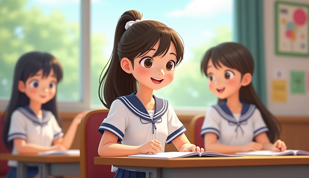 In a modern classroom scene with young modern Hong Kong pupils, boys and girls are equally numbered, they are all Chinese and wearing gender uniforms, ranging in age from 10 to 15, seated at desks, surrounded by chalkboards, faded maps, and inspirational posters on the walls, amidst a warm and inviting atmosphere, with soft natural light pouring in through the large windows, casting a gentle glow on the students' bright, curious faces, featuring smooth, round cheeks, dark brown eyes, and straight black hair, adorned with colorful hair clips or ribbons, while wear school, uniform yet neatly pressed, school uniforms in shades of bright blue, white, and red, with crisp white shirts and dark blue pants, amidst an environment filled with textbooks, pencils, and scattered paper sheets, hinting at an ongoing lesson.