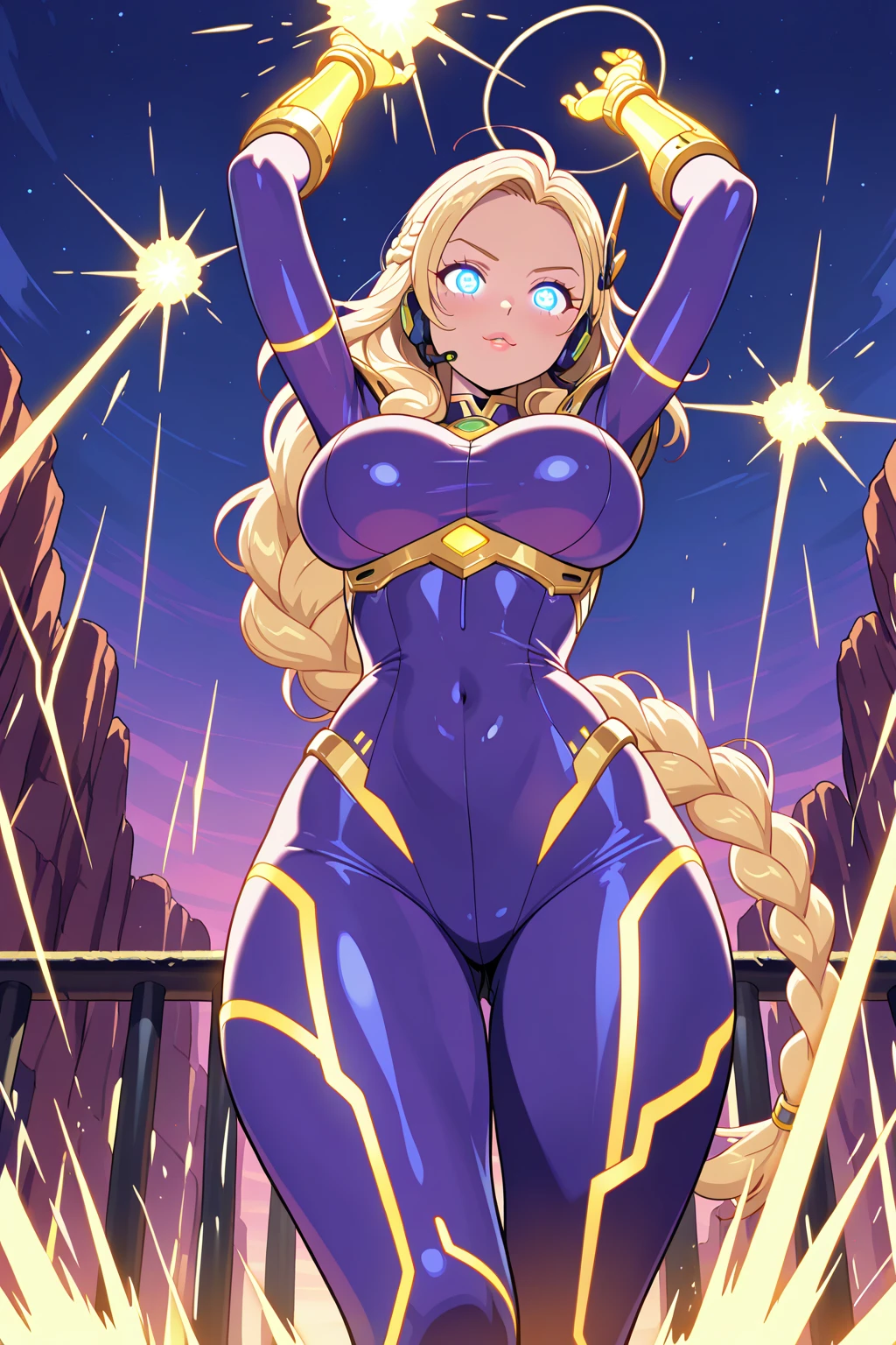 blonde_starfire_sexy_posing, view_from_side, cute_small_ass, thin_legs, purple_leggings, shiny_fabric, turning_head, looking_at_viewer, back_view, skinny, happy_smile, beautiful, sexy_pose, ponytail, green_eyes, high resolution, 8k