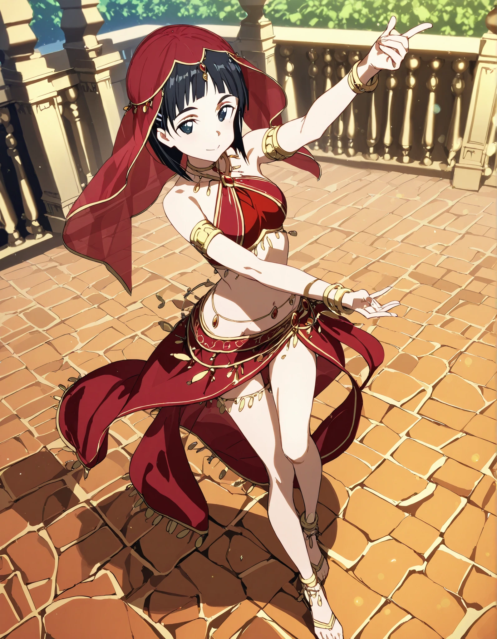 (1girl:1 . 5) , (Seul:1 . 5) , score_9 , score_8_haut , score_7_haut , source_anime , Official work , ultra-detailed , masterpiece , best quality selfie snapshot , high resolution , beaux yeux , detailed eyes , detailed face , beautiful detailed eyes ,Sword art Online, Kirigaya Suguha,Arabian Clothes , Arabian Dancer ,belly dancer costume ,full body, golden jewelery,armlet, belly dancing,arabian garden,seductive smile, dancing with veil, dynamic movement,dance posture, pose