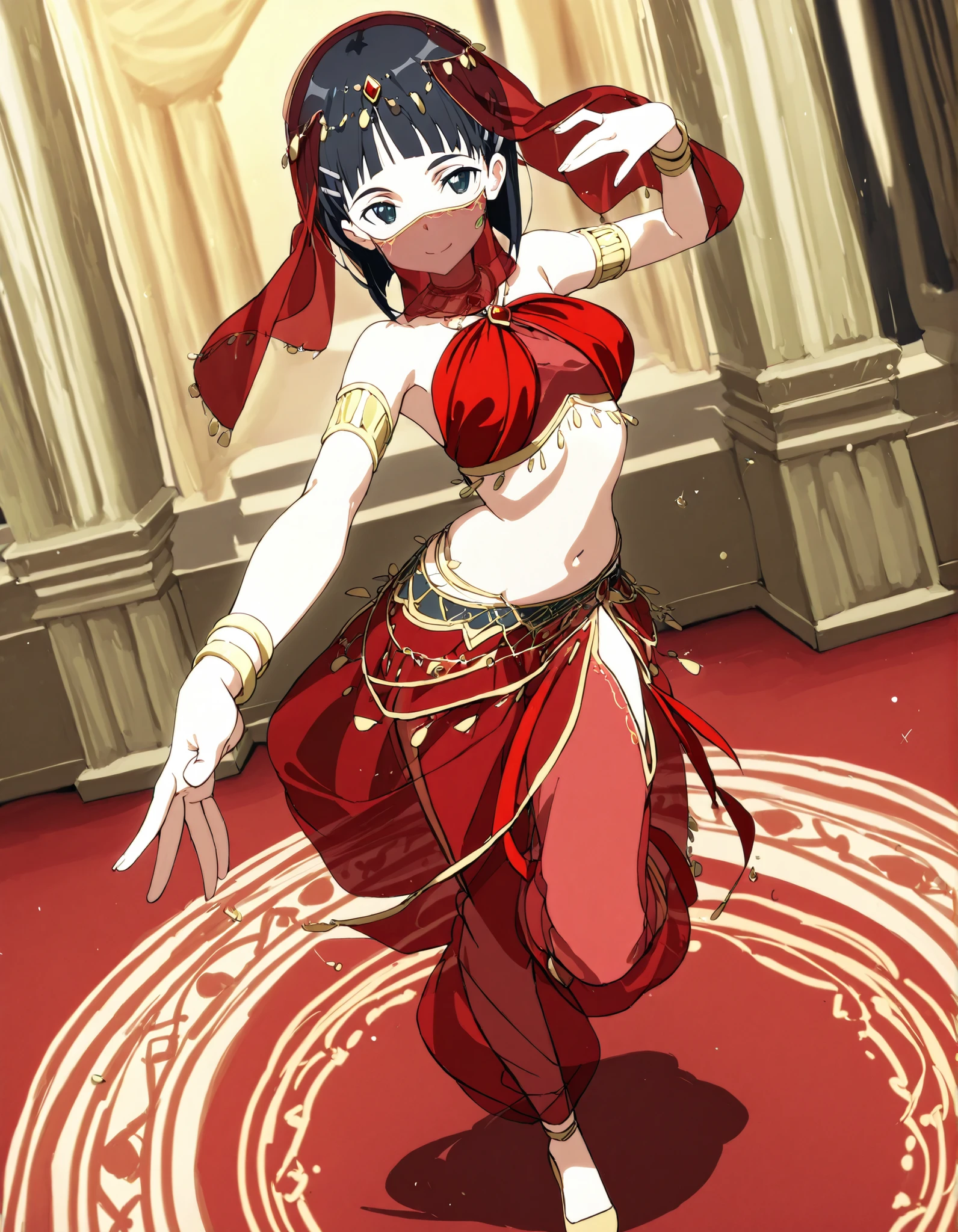 (1girl:1 . 5) , (Seul:1 . 5) , score_9 , score_8_haut , score_7_haut , source_anime , Official work , ultra-detailed , masterpiece , best quality selfie snapshot , high resolution , beaux yeux , detailed eyes , detailed face , beautiful detailed eyes ,Sword art Online, Kirigaya Suguha,Arabian Clothes , Arabian Dancer ,belly dancer costume ,full body,mouth veil, golden jewelery,armlet, belly dancing,arabian theater,seductive smile, dancing with veil, dynamic movement,dance posture, pose