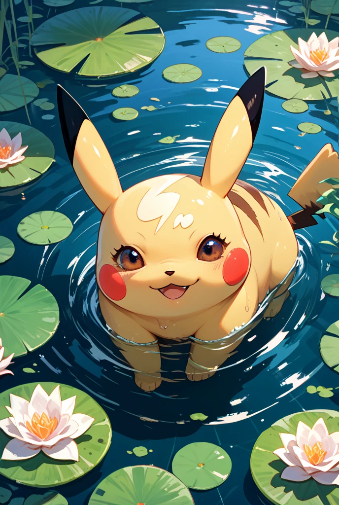 cute scene featuring Pikachu practicing swimming, Pikachu should be in a shallow pool or a calm body of water, looking determined and joyful. Use a bright and cheerful color palette with soft, painterly strokes. Include elements like a small floatation device or swim ring, water splashes around Pikachu, and perhaps a few playful bubbles. The background should feature a sunny day with clear skies, and maybe some gentle waves or distant beach scenery.