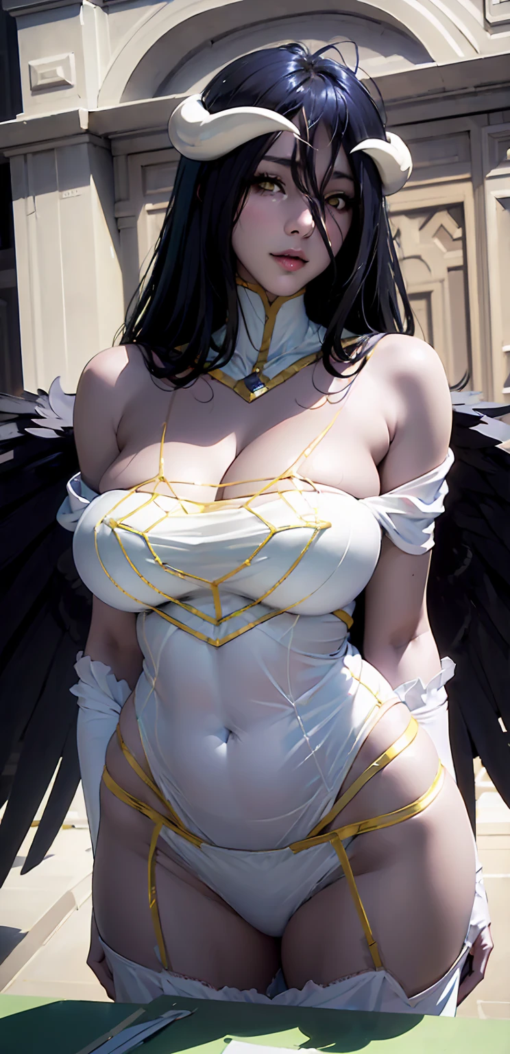 (Nude),focused to upper body, realistic, 1girl, long black hair, sparkling yellow eyes, (muscle:1.3), standing pose, tomb background, horn, perfect limbs,(big breasts),(thick thighs:1.4),nude,
