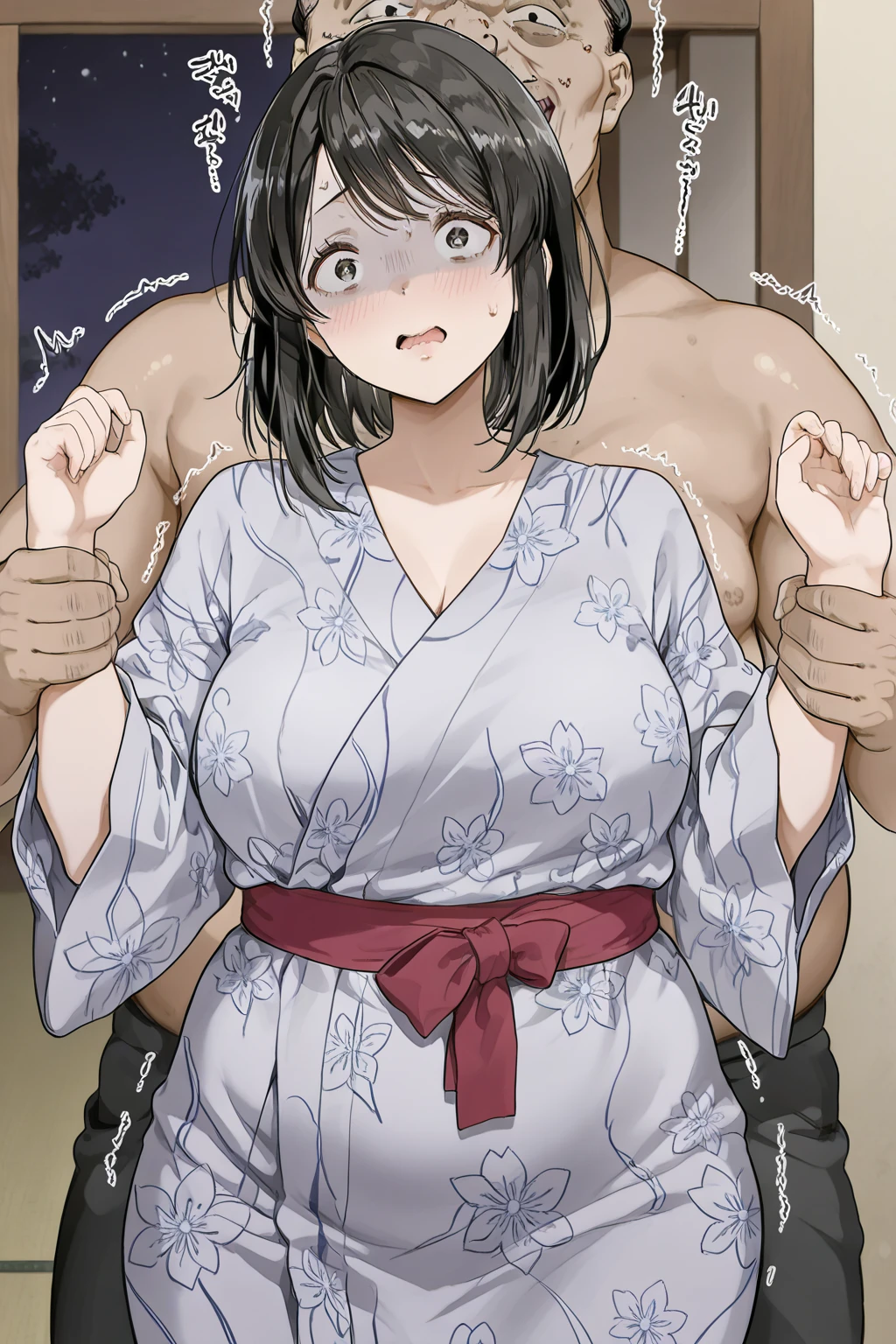 short bob, black hair, black eyes, slant eyes, round face, high teen, bad mood, kimono, open clothes, (intense sex:1.4), (sup right straddle sex:1.4), (hug:1.4), sweat, cum overflow, (looking side:1.4), show off nipple