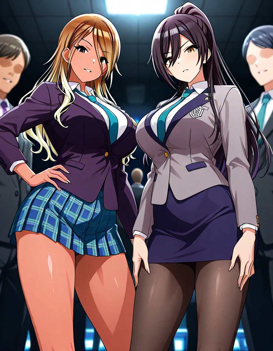 2girl , two girl, tokyo_ghoul_style, long  hair,, medium breast, masterpiece, best quality, ((unbuttoned , cleavage, necklace, earrings, sexy body,
breasts)) , micro skirt, smiling, navel , exposed belly, exposed navel,(nsfw) not safe for work,school,
classroom , holding a gun, hold a gun,navel piercing , lipstick,open arms sideway,
arms T-pose, smirk, standing, anime girl T posing
