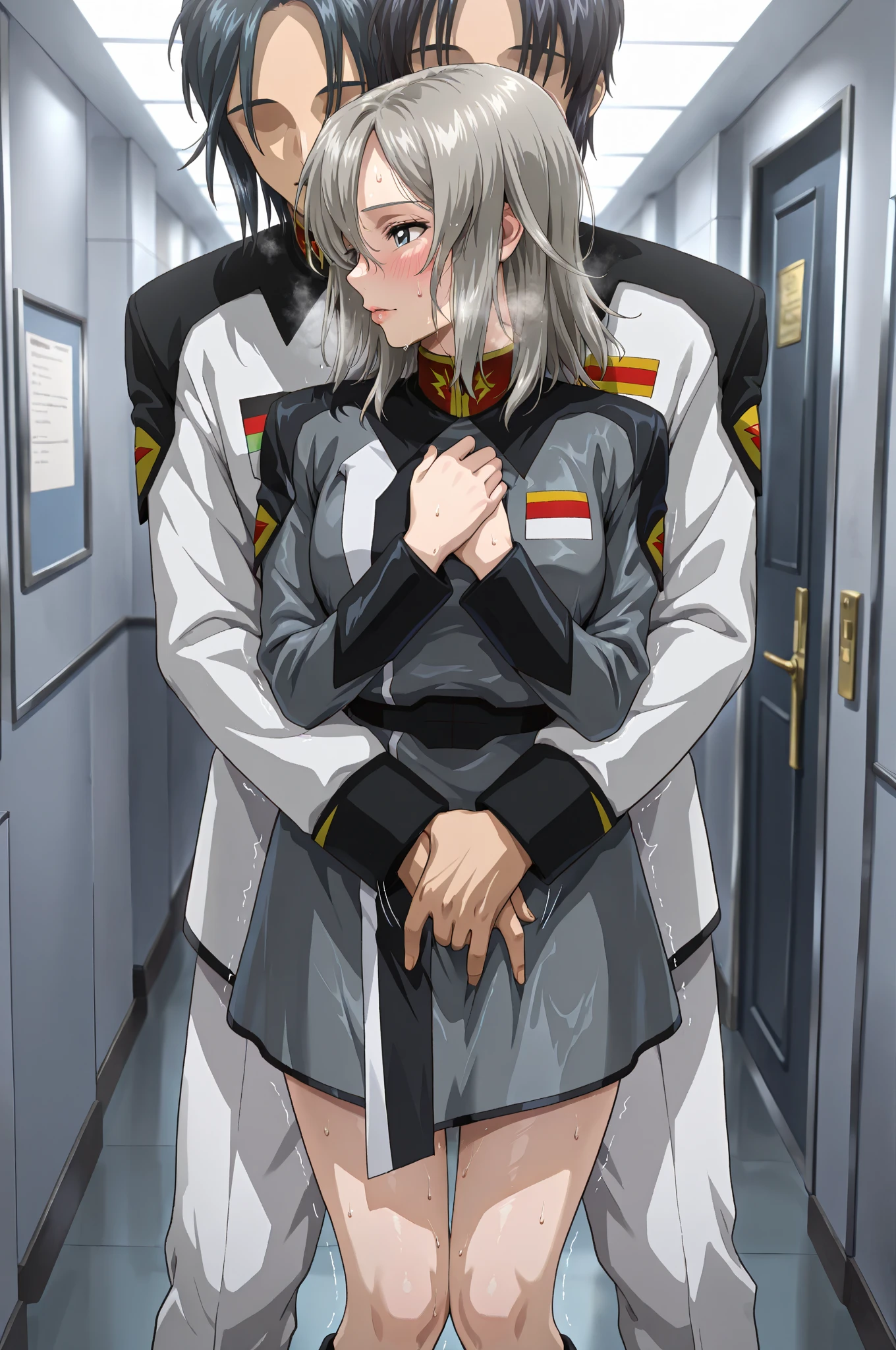 NSFW,(One girl:1.5),miorine1、miorine rembran、Asticasia uniform、solo、Long Hair、Grey Eyes、Grey Hair、Ahoge、Seamed legwear、green micro mini skirt、tie、bangs、Hair between the eyes、Black Pantyhose、Long sleeve、Green jacket、Floating Hair、赤いtie,(Perfect hands),(Perfect Anatomy),(masterpiece),(Highest quality),Embarrassed,blush,(Ecstasy face:2.0),(train:1.8),(Being molested:1.8),(Sexual pleasure:1.7),(A man stands behind:1.8)