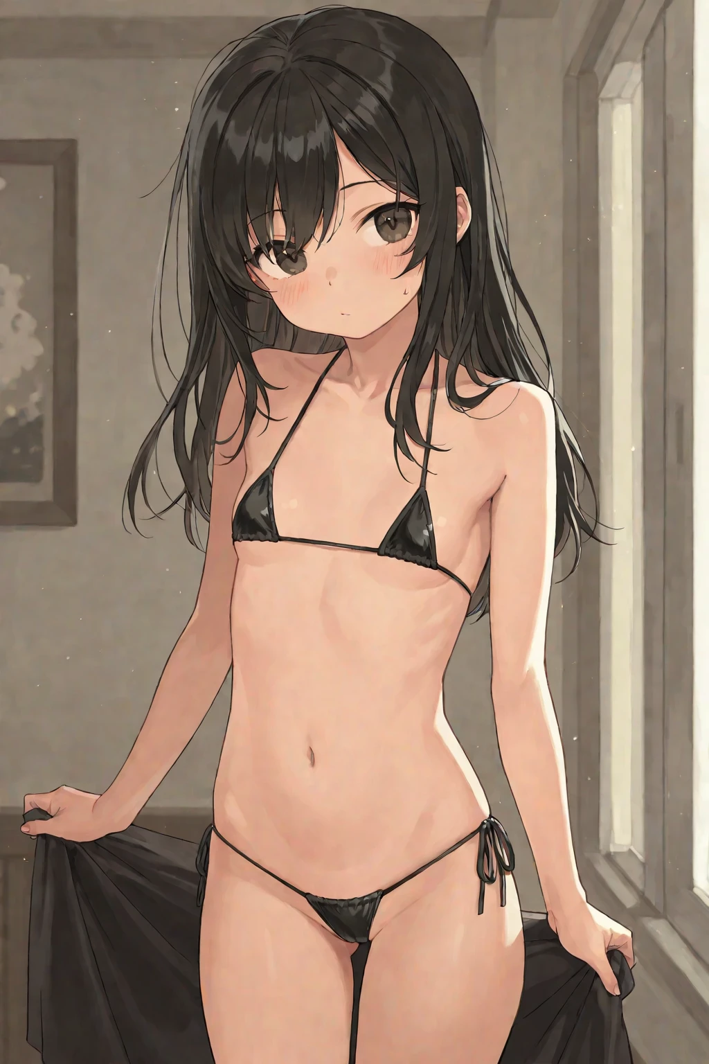 (masterpiece:1.2, best quality), ceiling, sit astride, girl on top, very long twin tails, brown hair, ((micro bikini)), evil grin, Crab crotch, Extensive_feet,