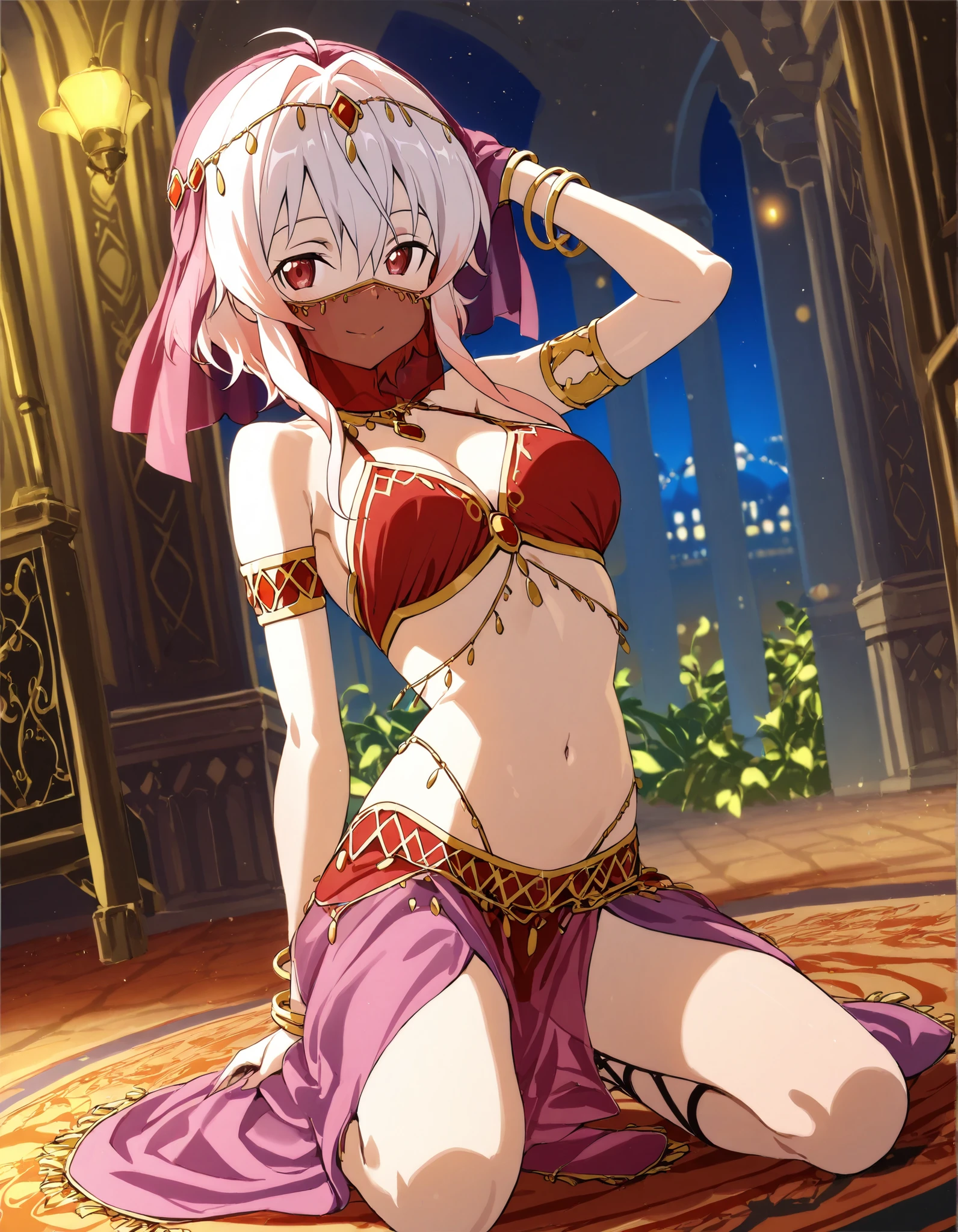 (1girl:1 . 5) , (Seul:1 . 5) , score_9 , score_8_haut , score_7_haut , source_anime , Official work  , ultra-detailed , masterpiece , best quality selfie snapshot , high resolution , beaux yeux , detailed eyes , detailed face , beautiful detailed eyes ,Sword art Online, Strea,Arabian Clothes , Arabian Dancer ,belly dancer costume ,full body,mouth veil, golden jewelery,armlet, belly dancing,night,arabian garden,seductive smile, dancing with veil, dynamic movement,dance posture, seductive pose