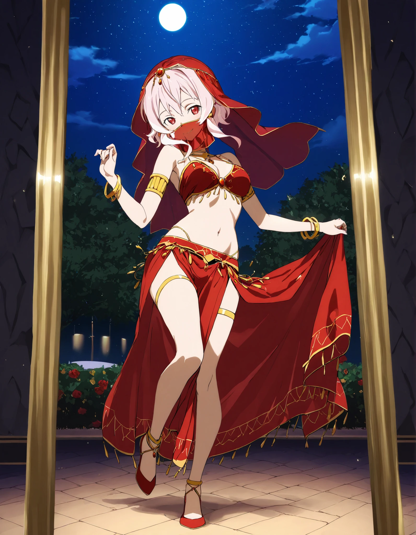 (1girl:1 . 5) , (Seul:1 . 5) , score_9 , score_8_haut , score_7_haut , source_anime , Official work  , ultra-detailed , masterpiece , best quality selfie snapshot , high resolution , beaux yeux , detailed eyes , detailed face , beautiful detailed eyes ,Sword art Online, Strea,Arabian Clothes , Arabian Dancer ,belly dancer costume ,full body,mouth veil, golden jewelery,armlet, belly dancing,night,arabian garden,seductive smile, dancing with veil, dynamic movement,dance posture, seductive pose