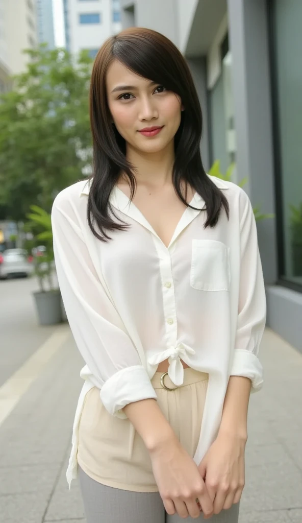1Thai girl, red lips, no bra, big breasts, denim, solo, jeans, plant, pants,torn shirt, potted plant, long hair, black sunglasses, sitting, looking at viewer, outdoors, white shirt, jewelry, bracelet, black hair, blurry, collared shirt, building, realistic, earrings, bench, brown hair, car, tree, lips, day, polka dot, ground vehicle, smile, black eyes